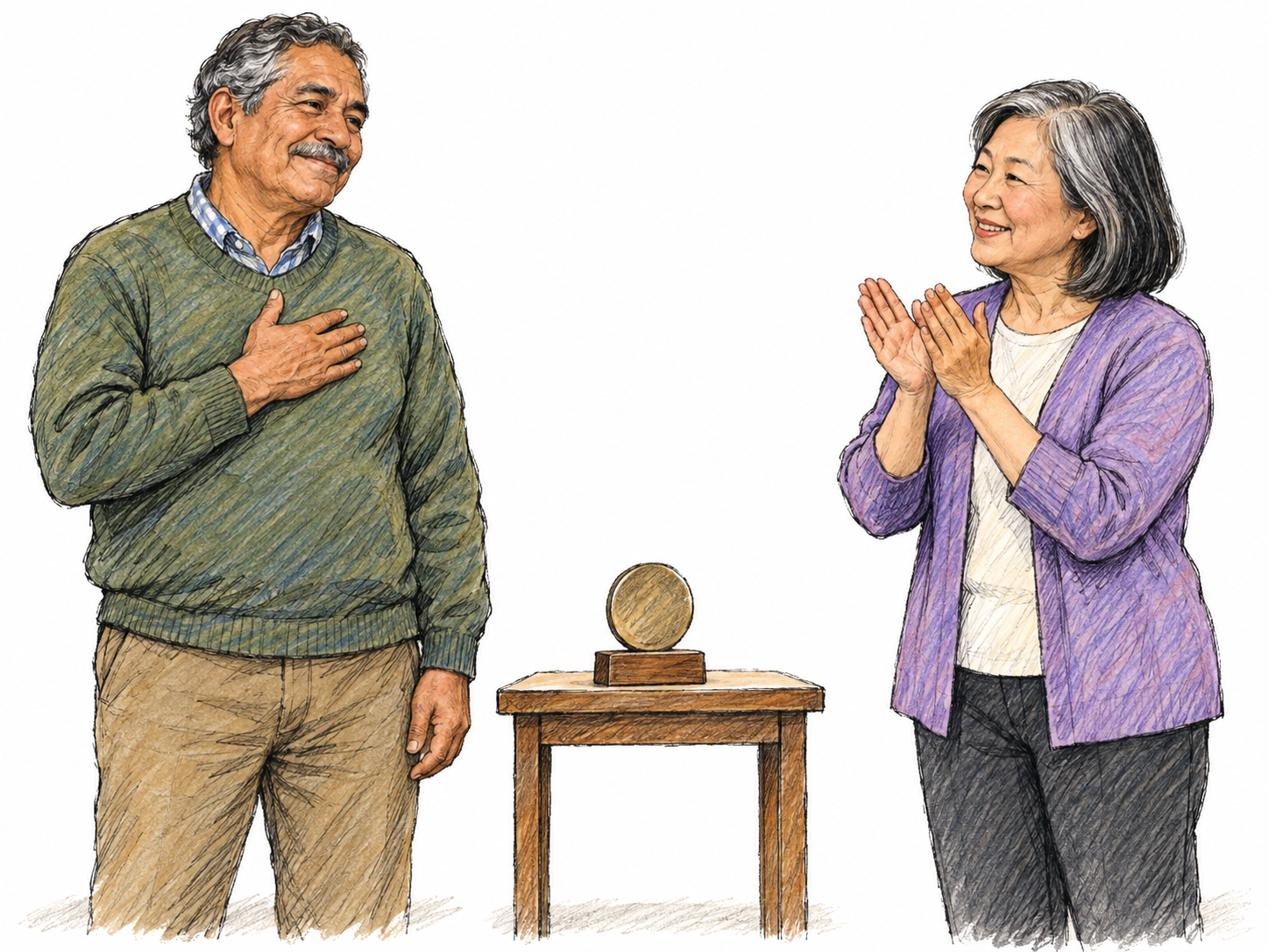 An older man receives warm applause from a companion, responding with a small appreciative nod and one hand over his heart rather than a triumphant pose.