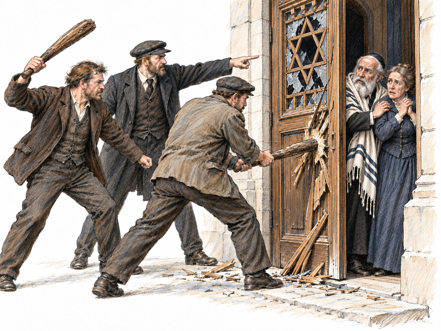 A coordinated mob attacks a Jewish synagogue and its congregants in the Russian Empire around 1900: a leader directs two club-wielding attackers while an elderly Jewish couple recoils at the damaged entrance.