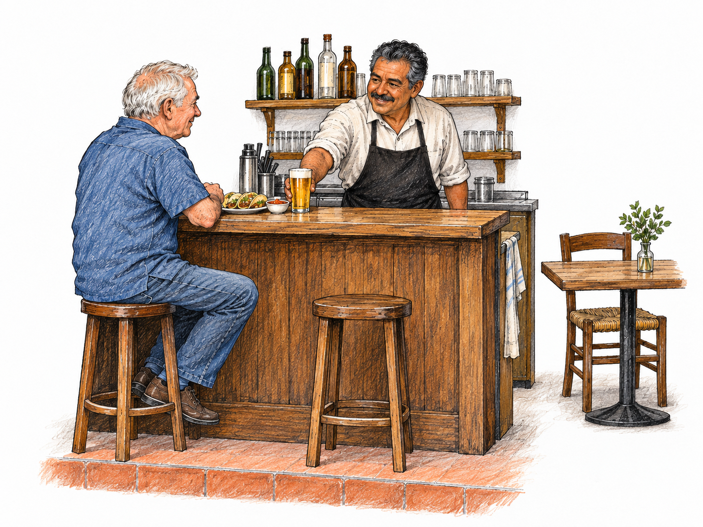 A small, open-front cantina with a short bar, two stools and one dining table.