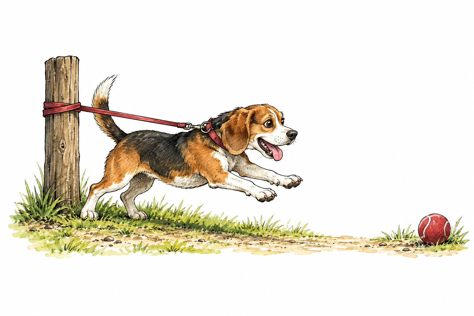 A short tether prevents a dog from reaching a distant ball, clear physical limit, dog comfortable.