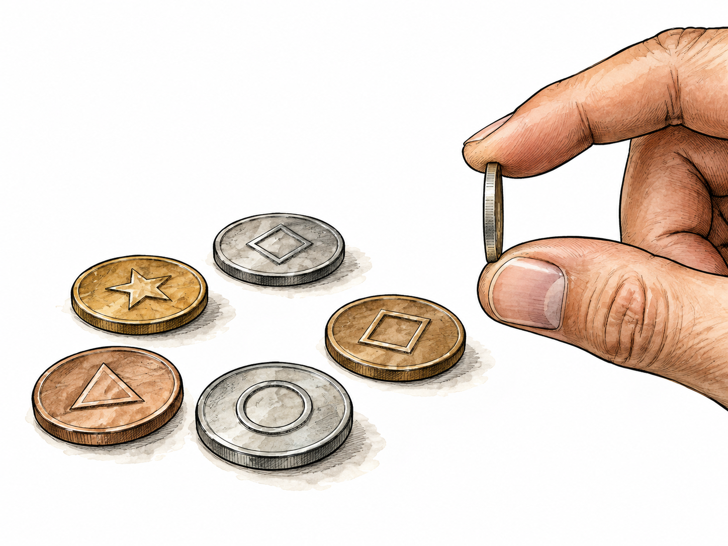 Several small metal coins lie on a table, round stamped discs with simple geometric emblem relief, no letters or numbers; one held edge-on to show thinness.