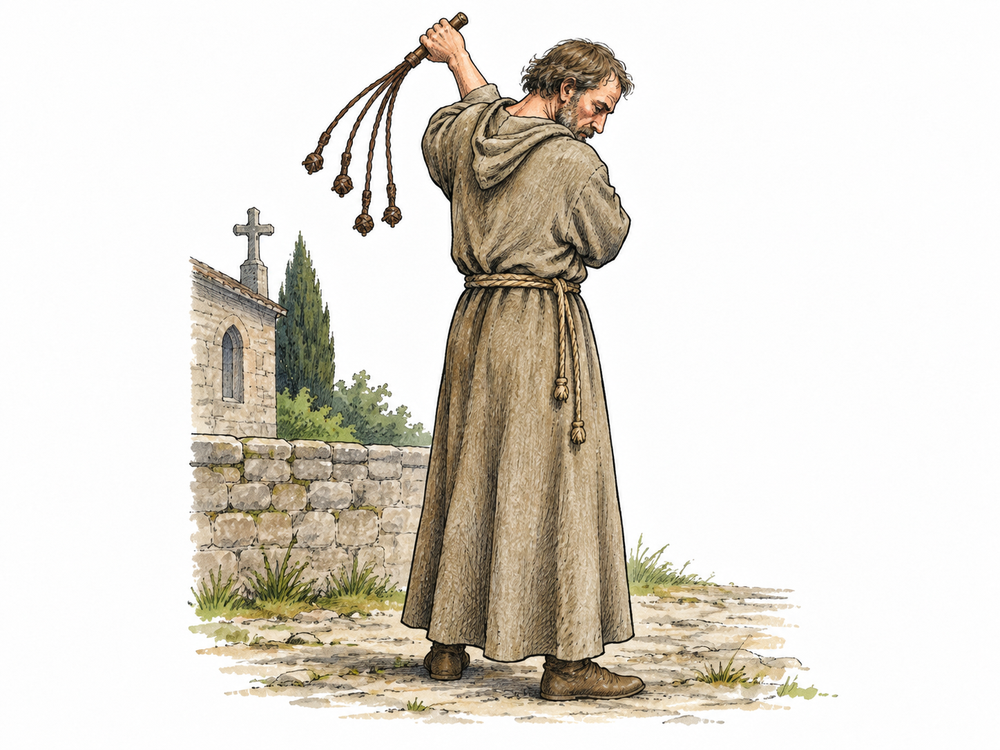 Historical medieval adult religious penitent in plain coarse robe holding small ritual scourge behind shoulder toward own clothed back, sober documentary scene, no blood or injuries, no erotic framing, restrained distant view.