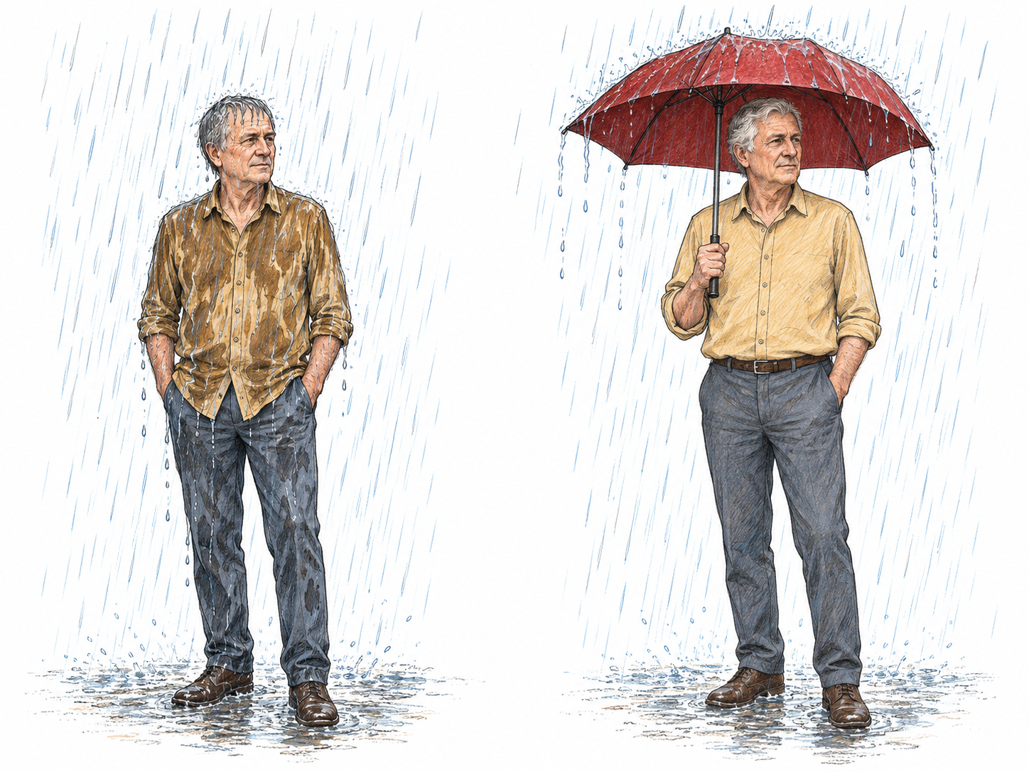 A compact comparison shows the ordinary outcome and its conditional exception: a man gets soaked in falling rain, whereas the same man stays dry under an open umbrella in otherwise identical rain.