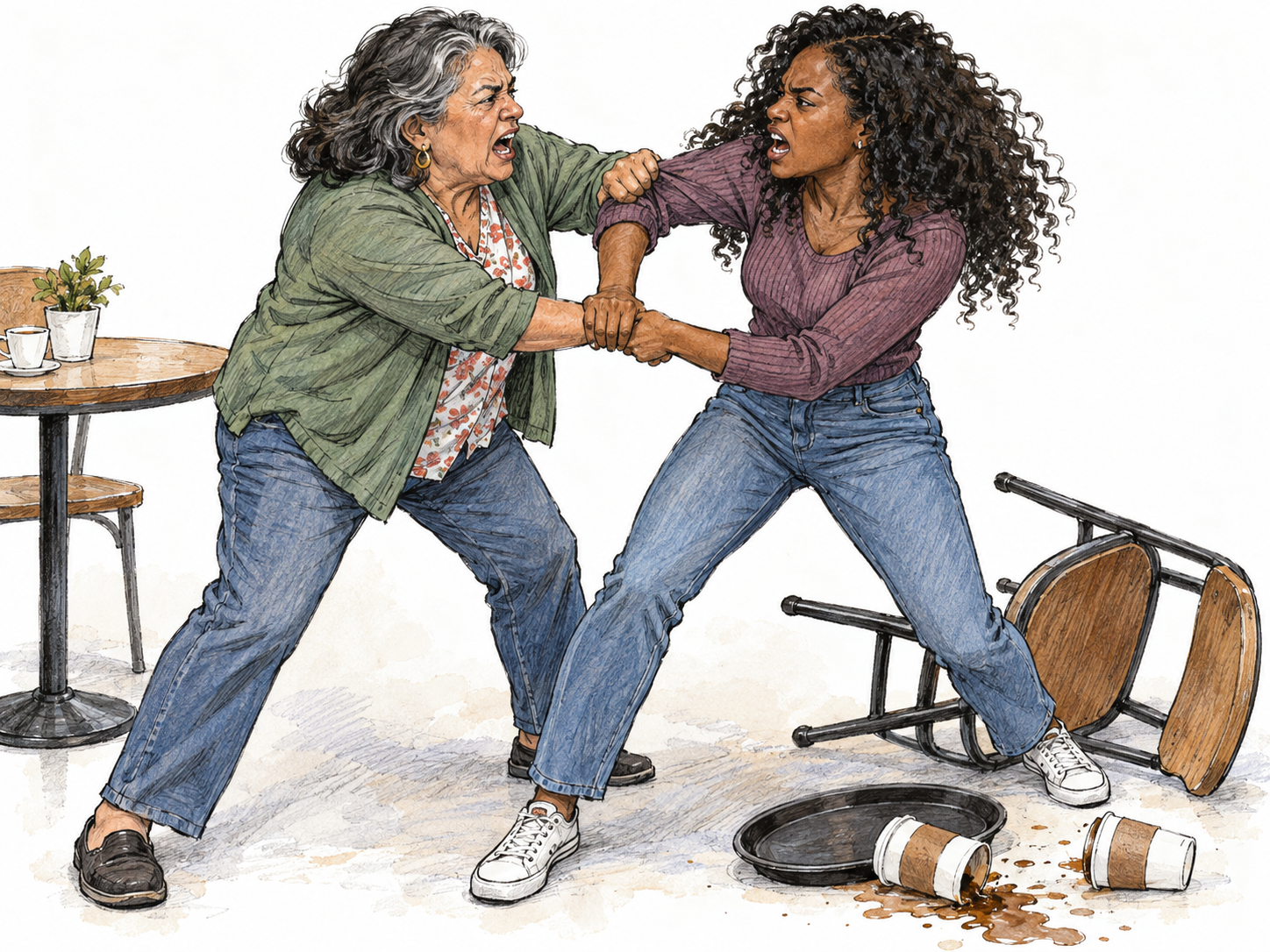 A small café fracas: two women grapple across an overturned chair, mouths open in angry shouts, while a displaced tray and scattered cups make the disturbance physically evident.