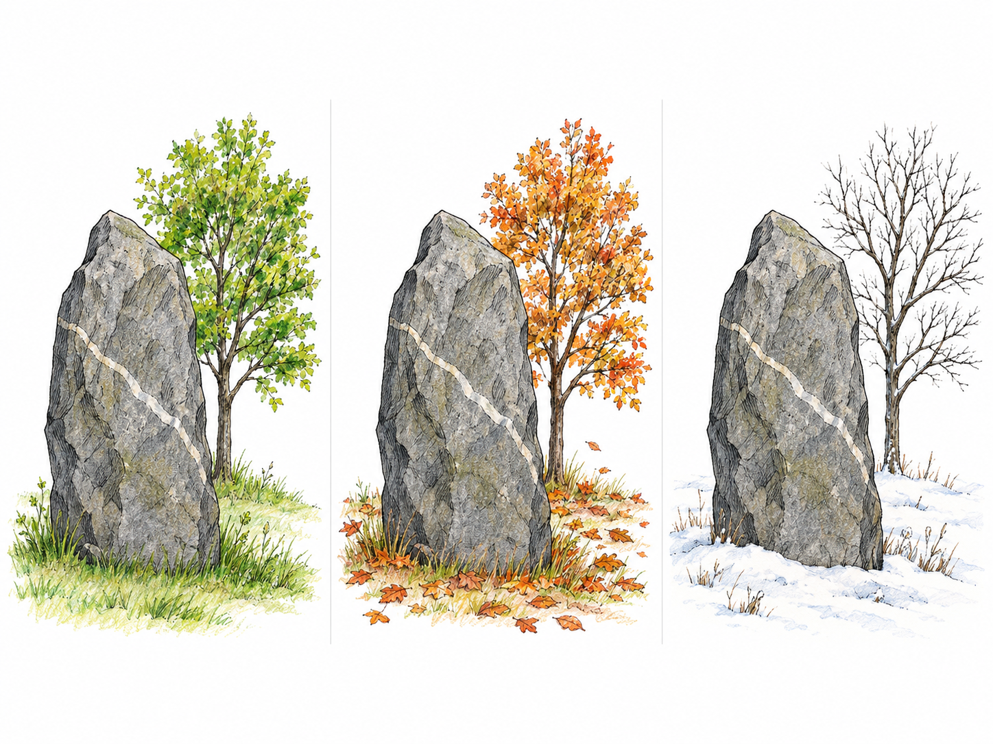 Three adjacent seasonal views show the same distinctive standing stone completely unchanged while the small tree and ground around it change.
