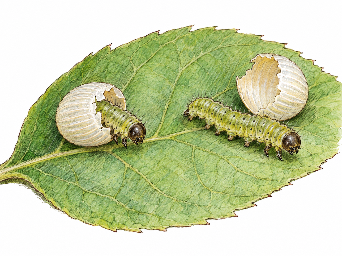 Close natural-history view of a newly hatched caterpillar emerging from its egg on a leaf, beside a fully emerged tiny caterpillar and an empty eggshell.