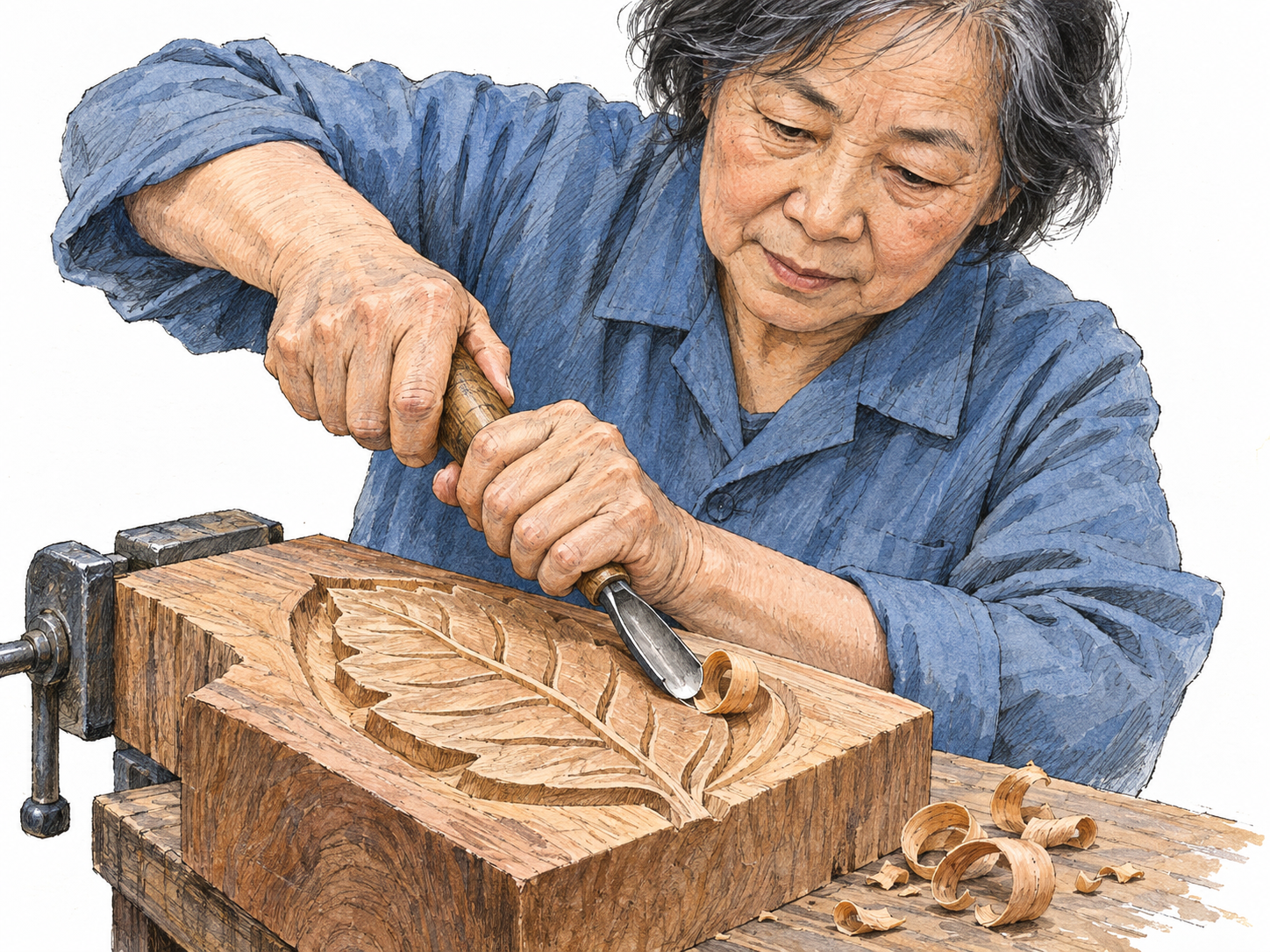 An older woman cuts a leaf-shaped relief into a securely clamped hardwood block, with the gouge visibly lifting a curled shaving from a recessed groove.