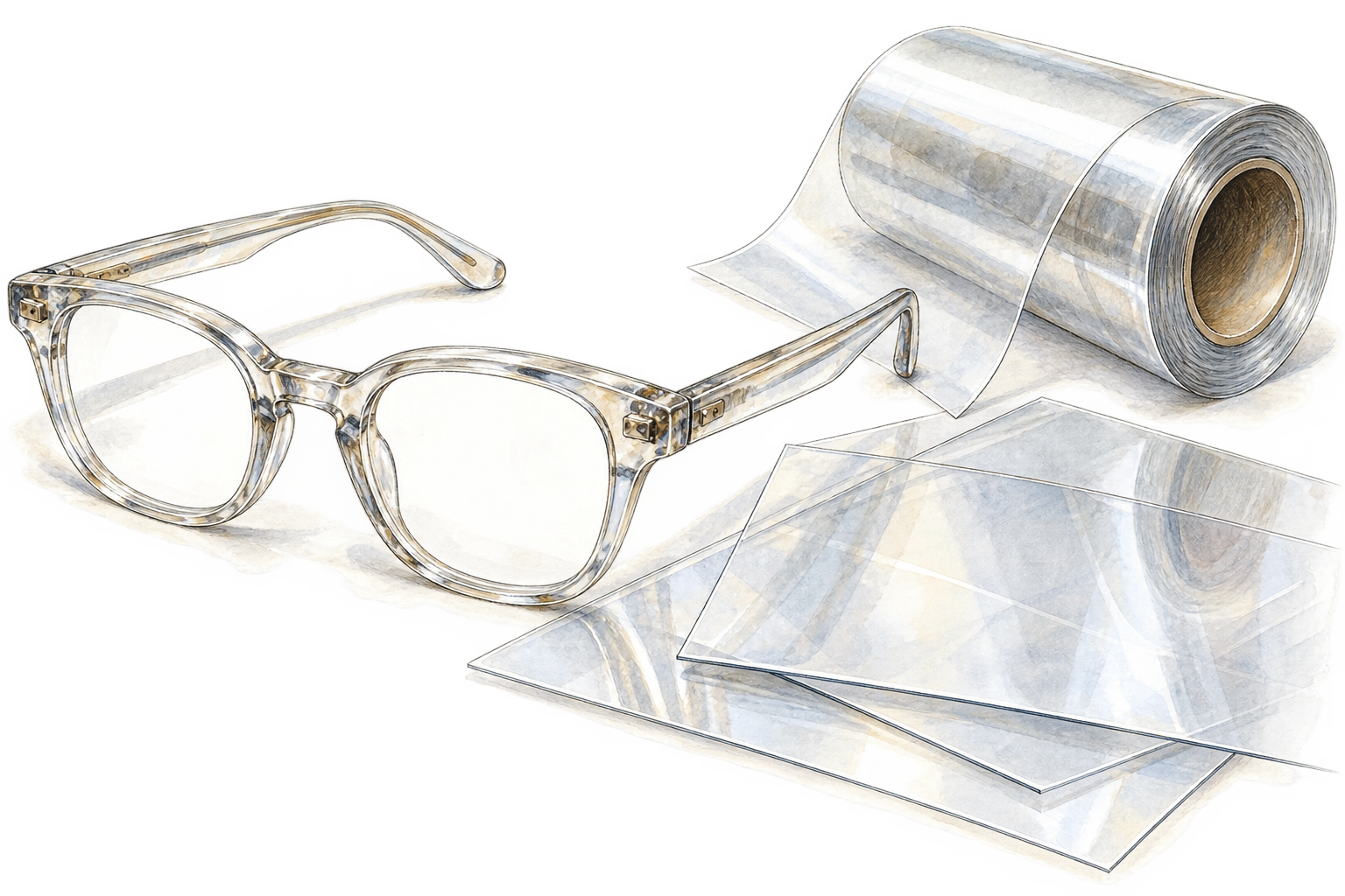 Transparent cellulose acetate eyeglass frames beside clear flexible acetate sheet and rolled film strip, tangible acetate plastic examples, no words.