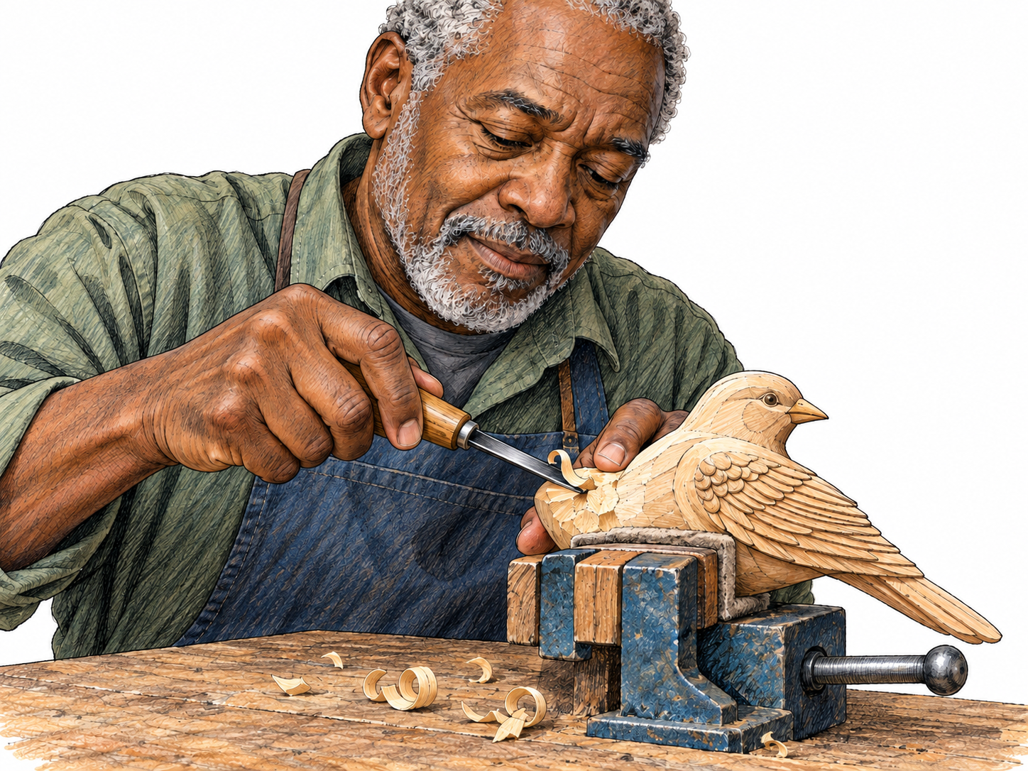 An older man demonstrates manual skill by precisely carving a wooden bird, with the finished contours and fine feather details visibly matching the area he is currently shaping.