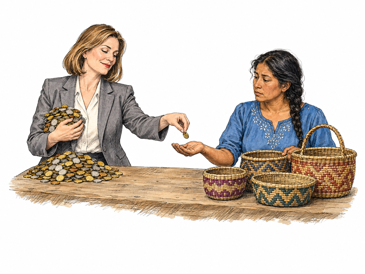 A manager takes a large pile of coins from the sale of handwoven baskets while giving the adult basket-maker only one coin, with completed baskets beside the worker.