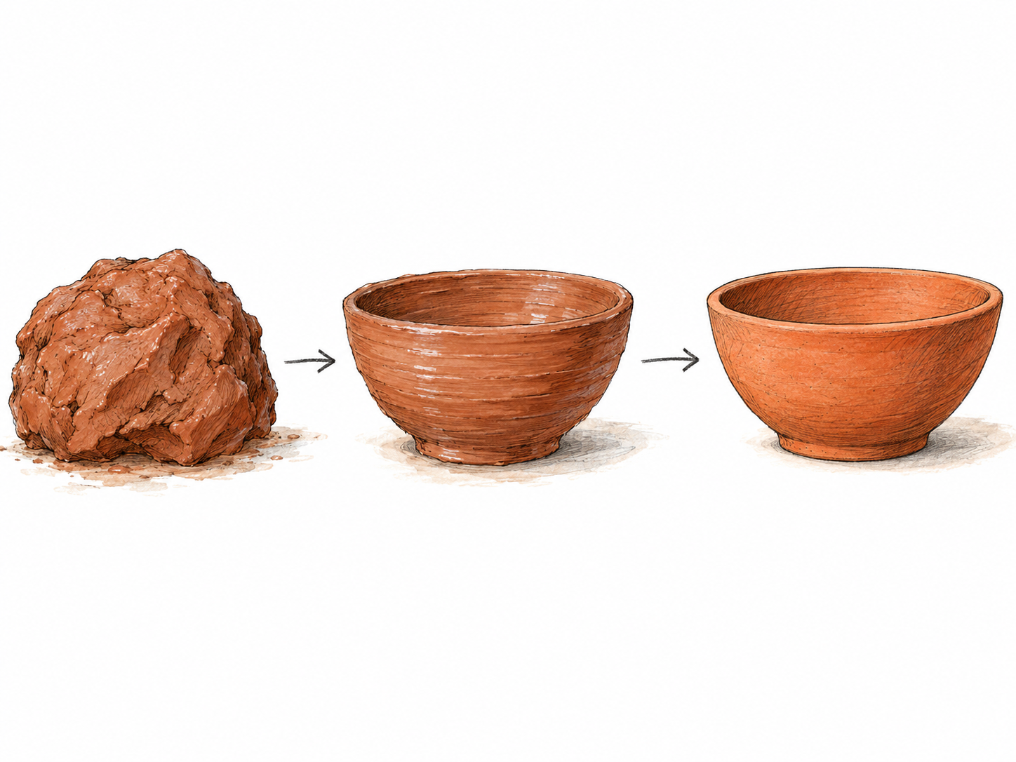 A clear left-to-right transformation sequence shows a lump of wet clay becoming a shaped clay bowl and then a fired terracotta bowl, visibly changing both form and material condition.
