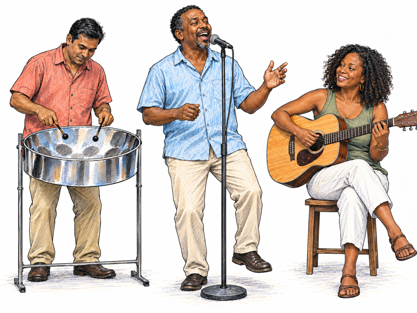 A small Trinidadian calypso ensemble in lively performance: an expressive singer at a microphone, a steelpan player and an acoustic guitarist.