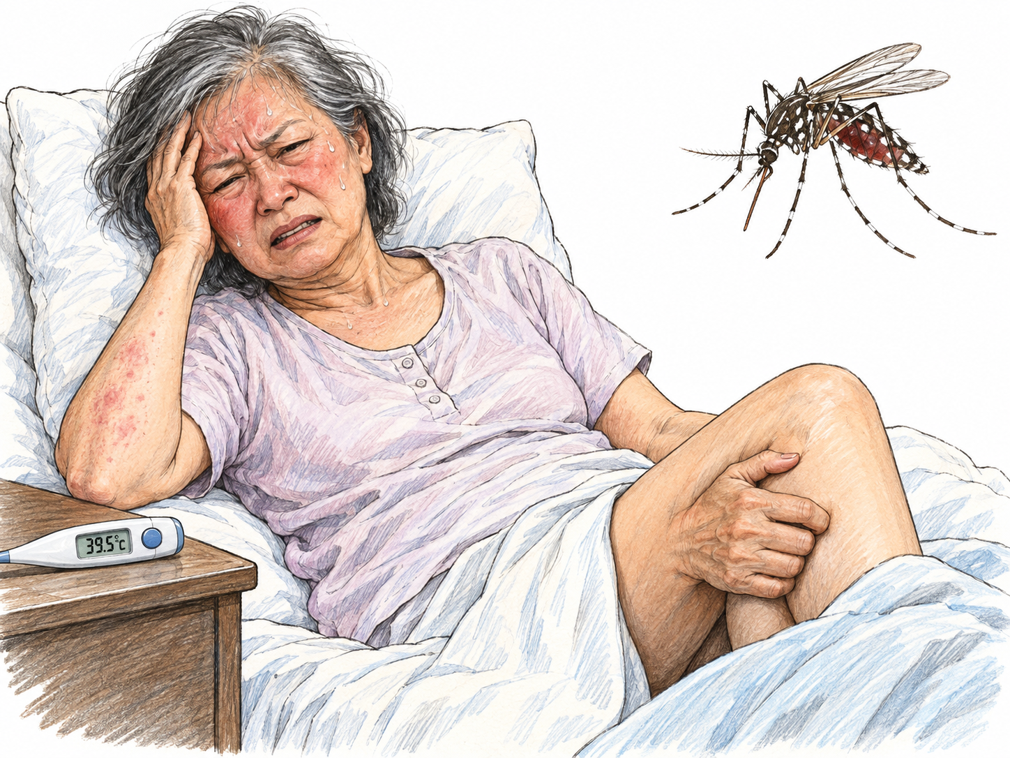 Dengue represented by a feverish patient with severe body aches, headache and a faint rash, paired with a clearly separate enlarged Aedes mosquito detail.