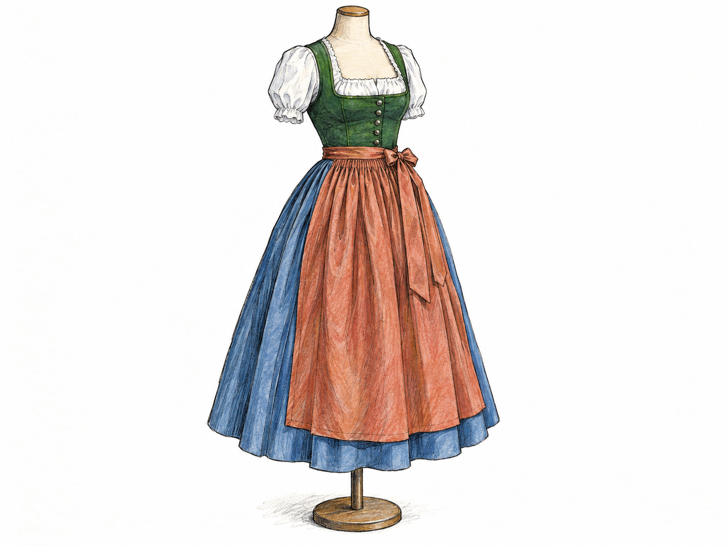 A traditional Alpine dirndl displayed on a simple headless dress form, clearly showing its fitted bodice, white blouse, full skirt and tied apron.