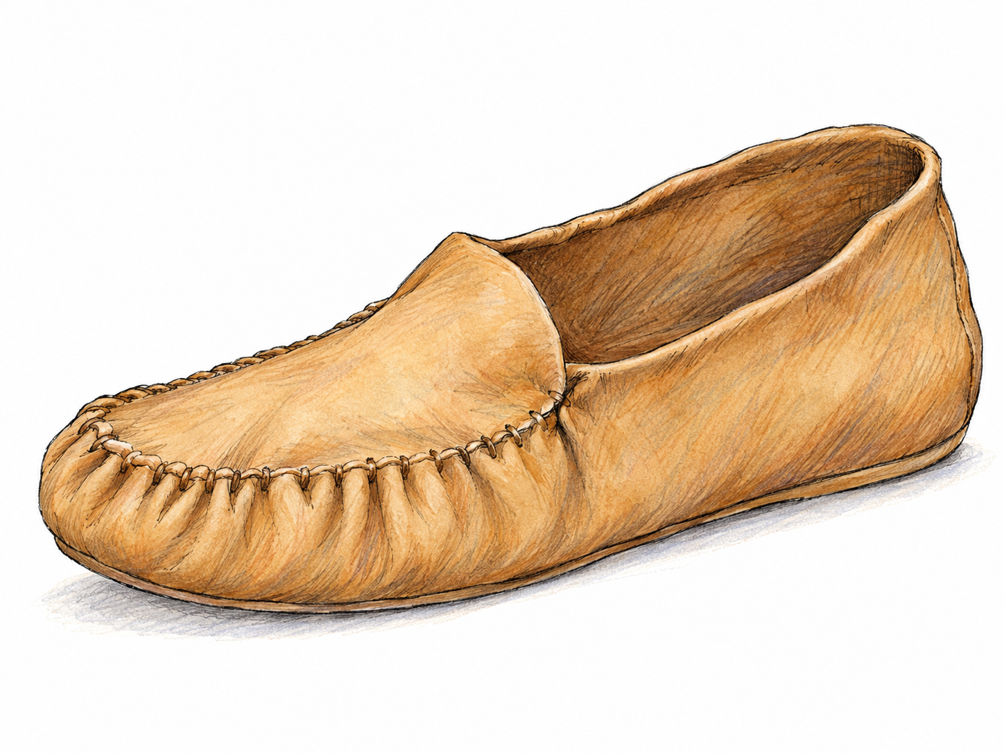 A single plain soft-leather moccasin in three-quarter side view, showing its supple upper, gathered toe seam, and continuous flat sole without a separate heel.