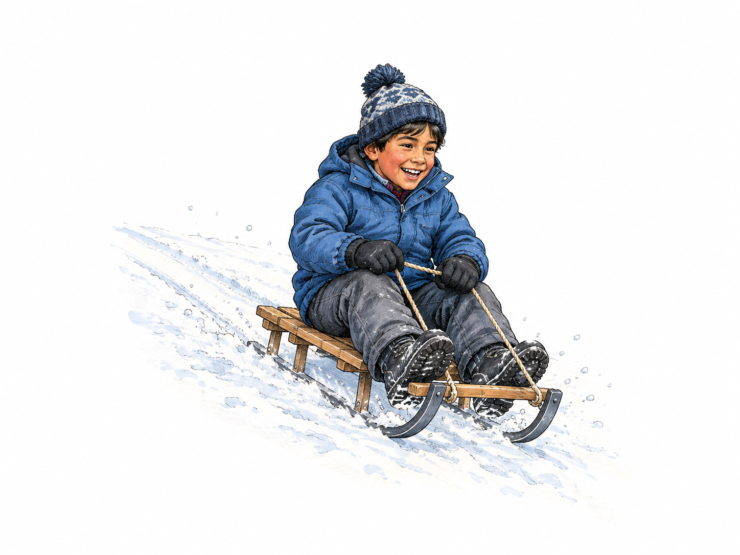 A simple child's wooden sled with two curved metal runners glides down a small snowy slope; one child sits securely holding the short front rope, footprints and runner trails minimal.