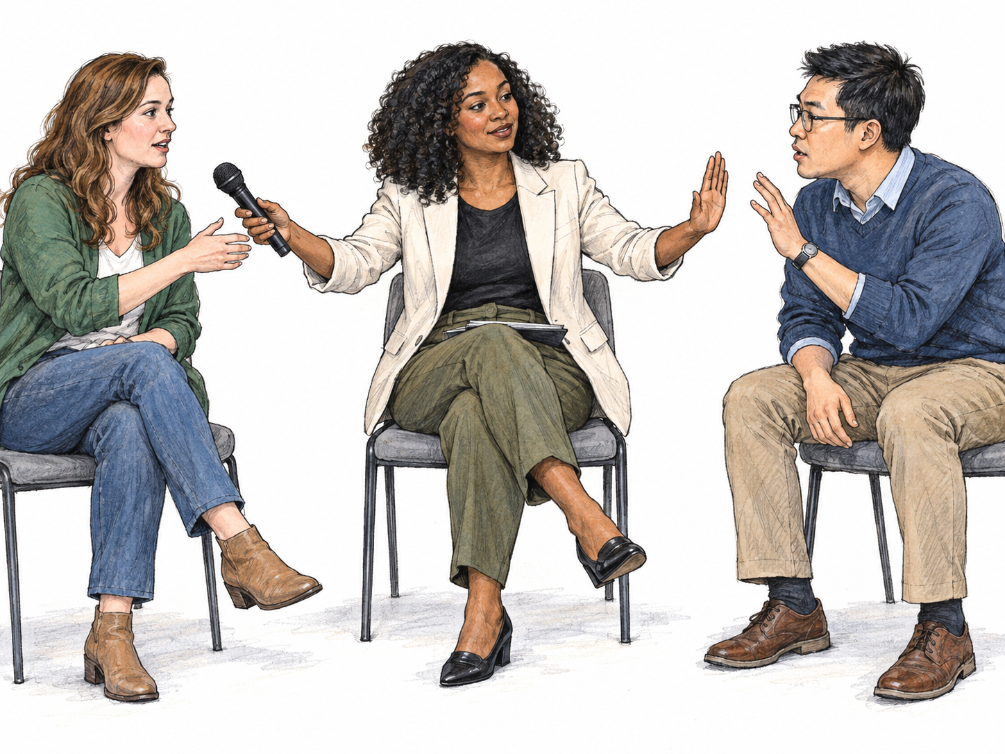 A seated panel moderator visibly manages speaking turns: she offers a handheld microphone to one panelist while gently signaling another, who is trying to interrupt, to wait.