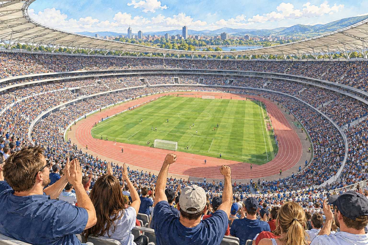A large modern oval stadium arena filled with spectators around an open central field, broad tiers and scale obvious, no signs or lettering.
