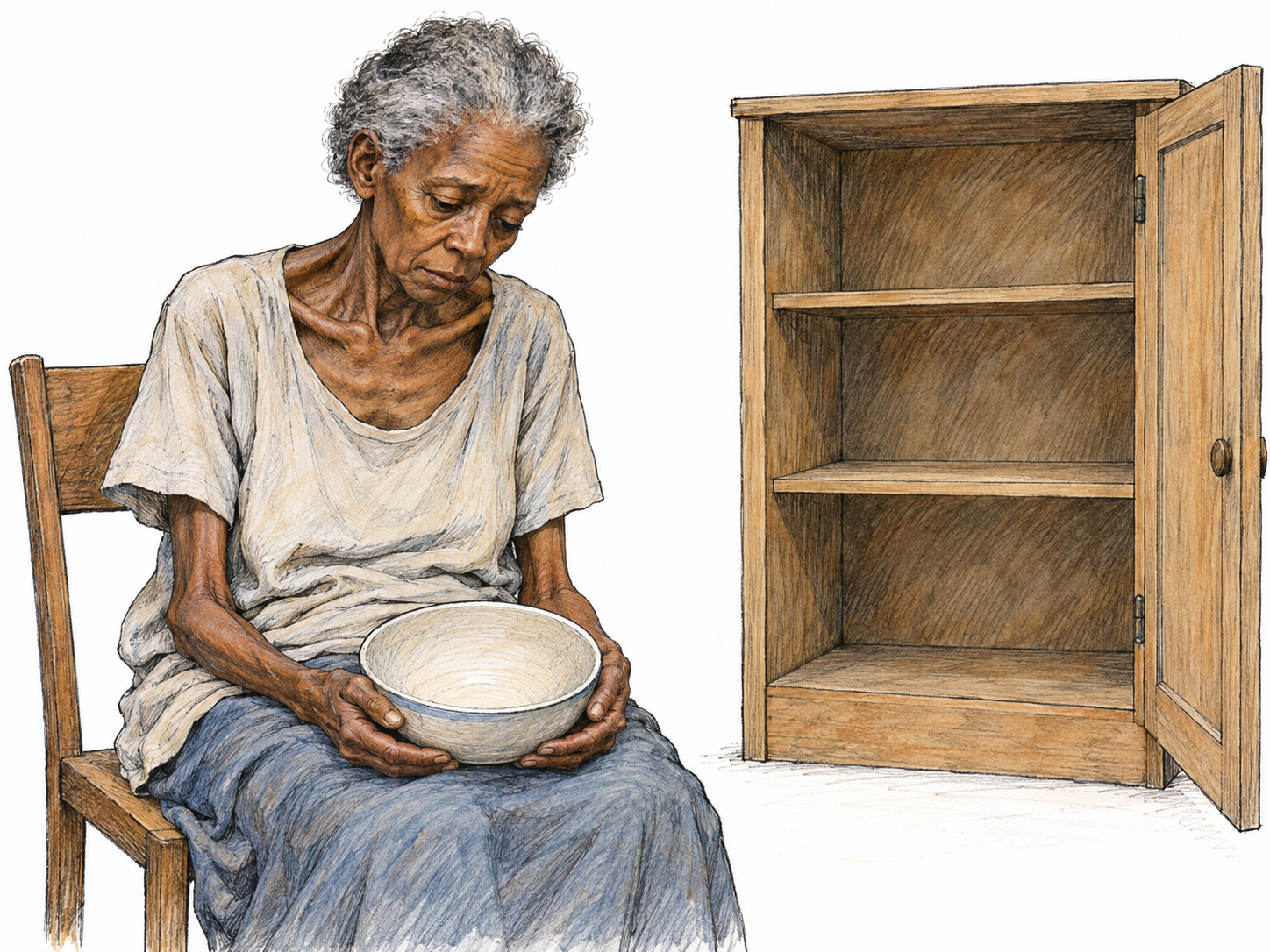 A severely undernourished older woman sits weakly beside an open, completely bare food cupboard, holding an empty bowl.