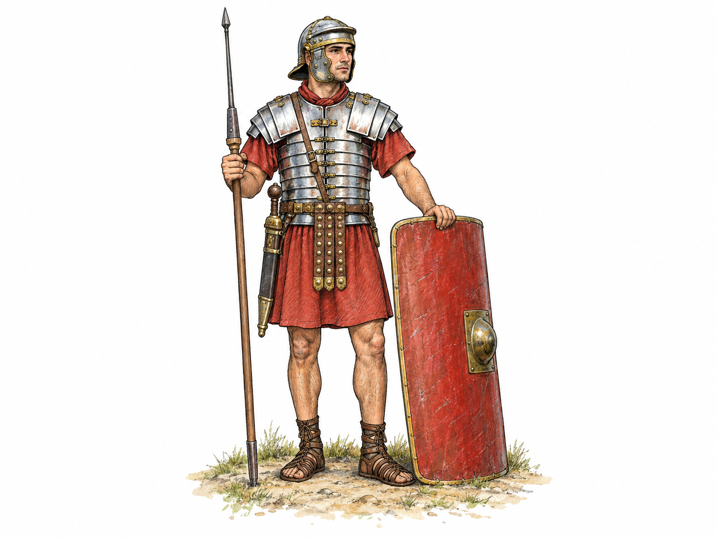 A single early Roman Imperial legionary stands at rest with his shield and spear, presenting a concrete example of a member of a legion.