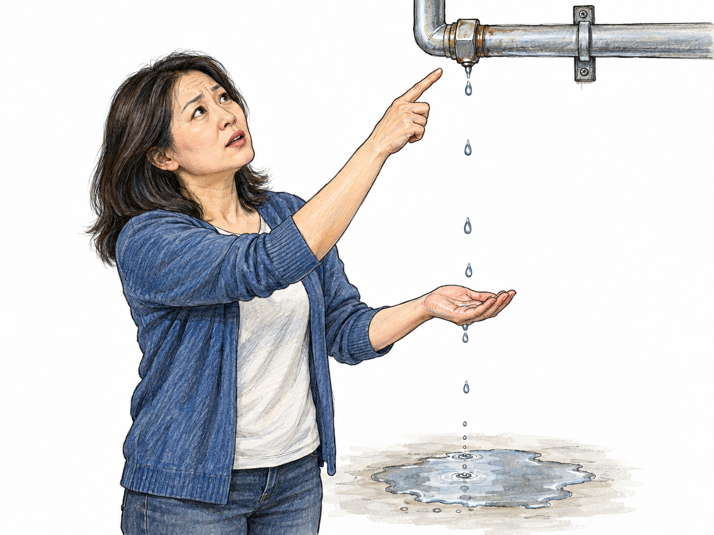 A woman traces falling water upward from a puddle to the leaking pipe it comes from, making the question of source—not destination—the focus.