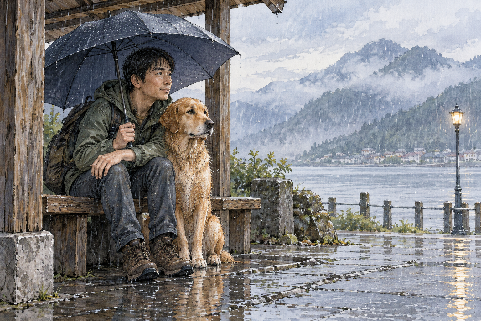 A loyal friend stays beside another during a difficult rainy wait, steady supportive posture under one umbrella despite discomfort.