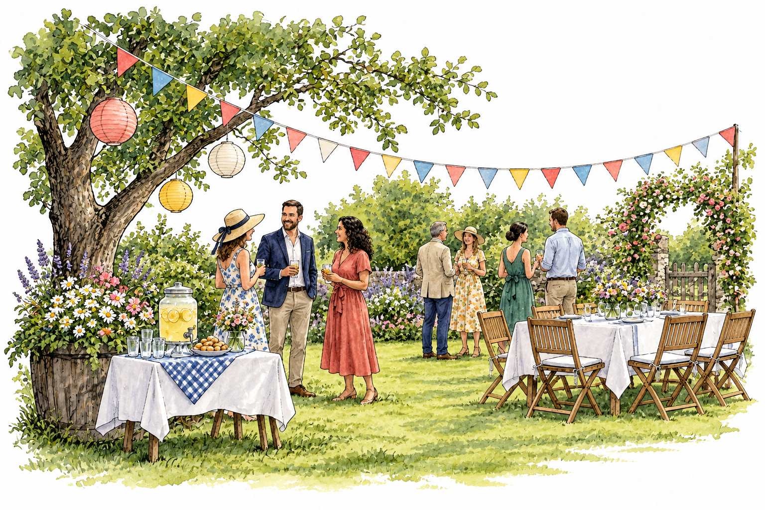 Festive outdoor garden party with bunting, modest decorated tables and welcoming guests.