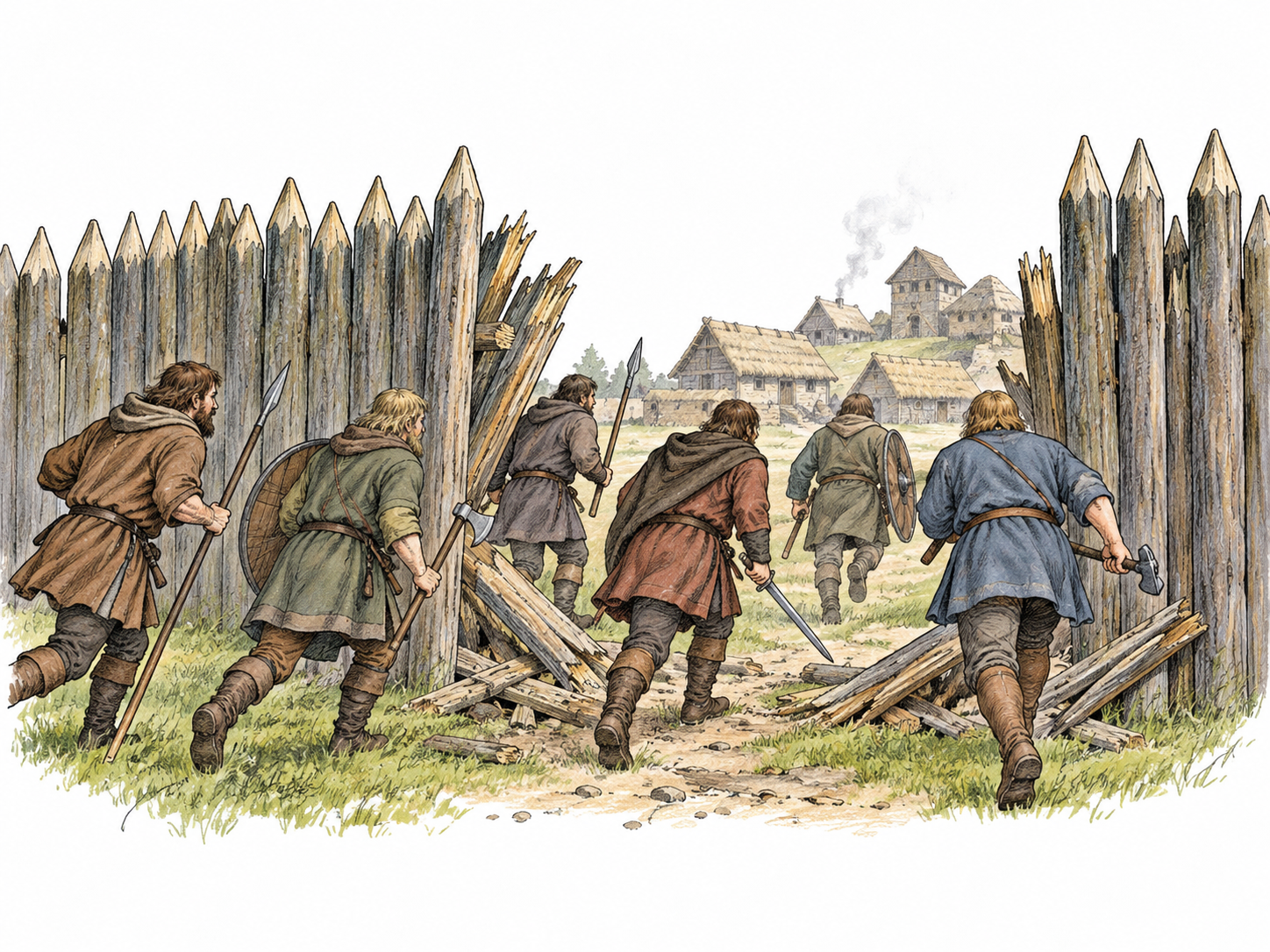 A small group of unmarked historical raiders crosses a defended boundary suddenly; distant non-graphic hostile entry, no named ethnicity, real conflict or tactical details.