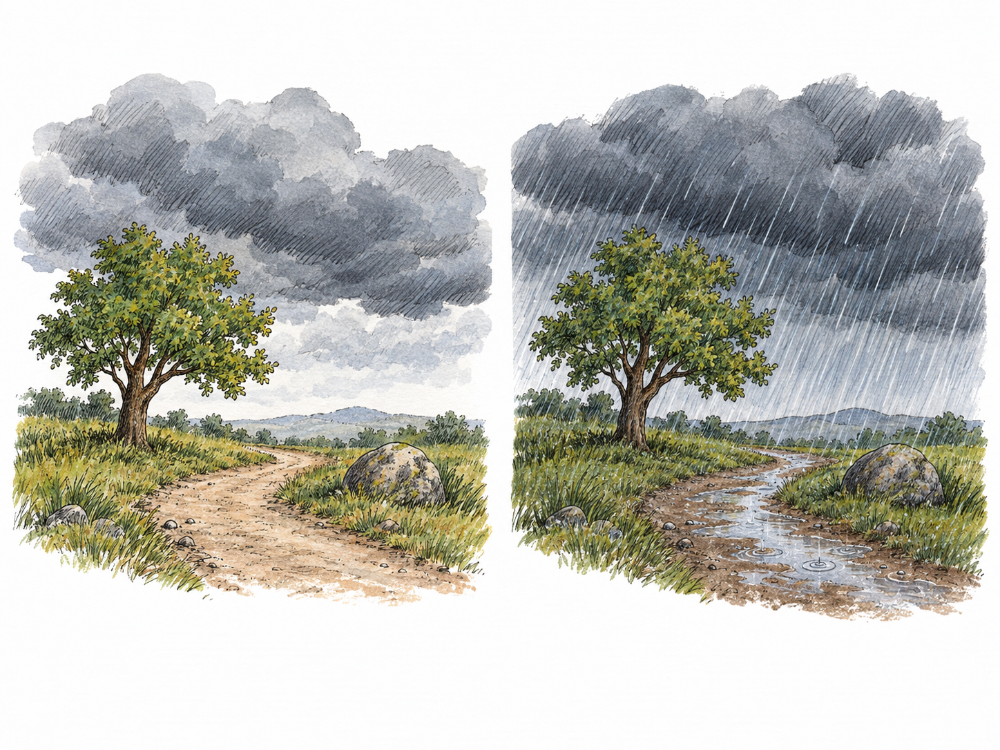 A compact before-and-after weather comparison shows gathering dark clouds preceding a heavy downpour over the same small landscape, illustrating a precursor that signals what follows.