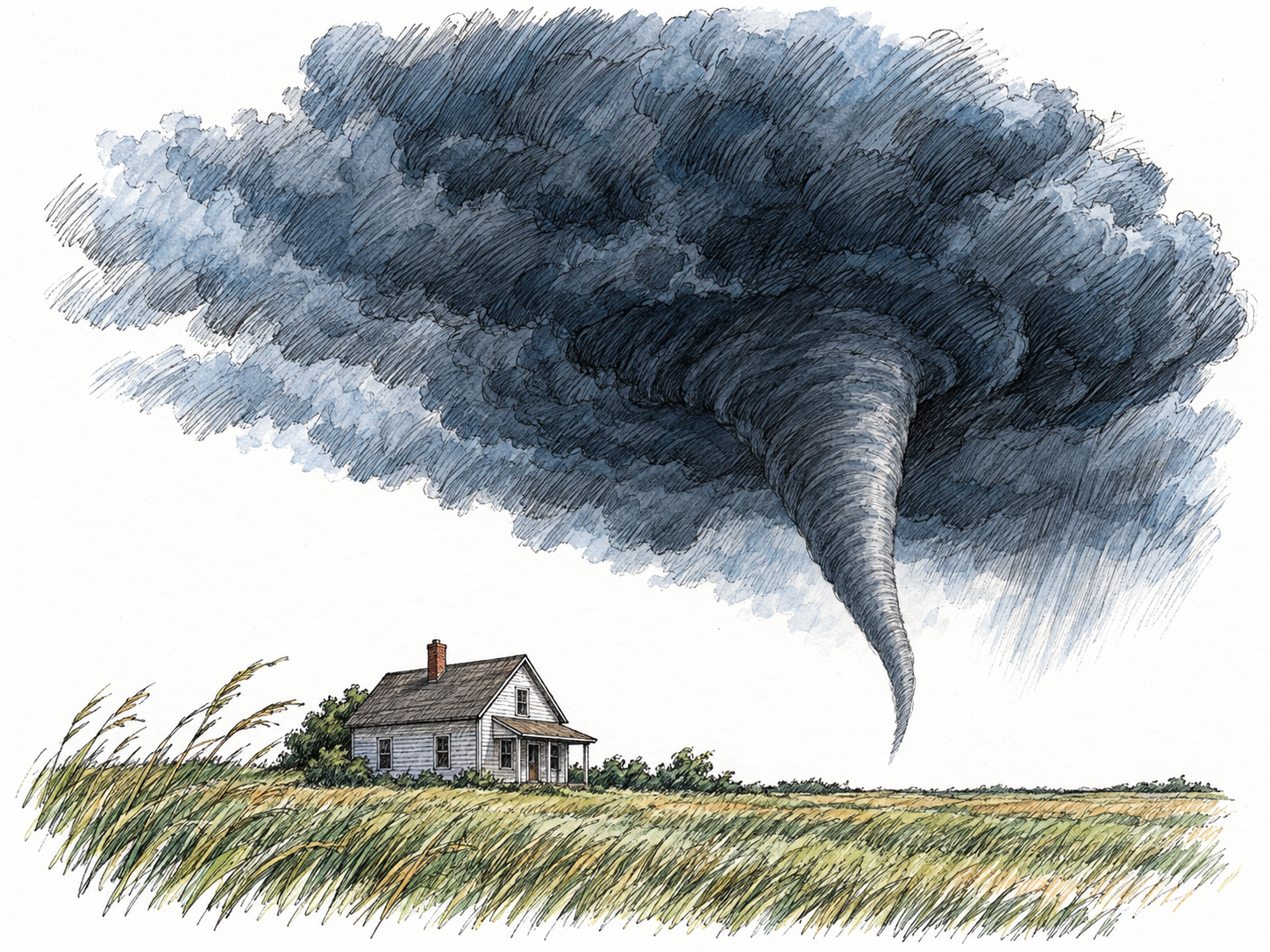 An ominous, low storm cloud forms a descending funnel above an isolated farmhouse; the house remains intact and the funnel has not reached the ground, making the sky a threatening sign of what may come.