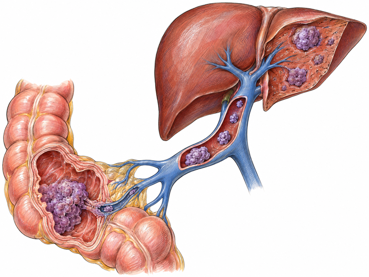 An isolated anatomical cutaway shows an invasive tumor in the colon, matching tumor-cell clusters traveling through the portal vein, and secondary tumor nodules within the liver.