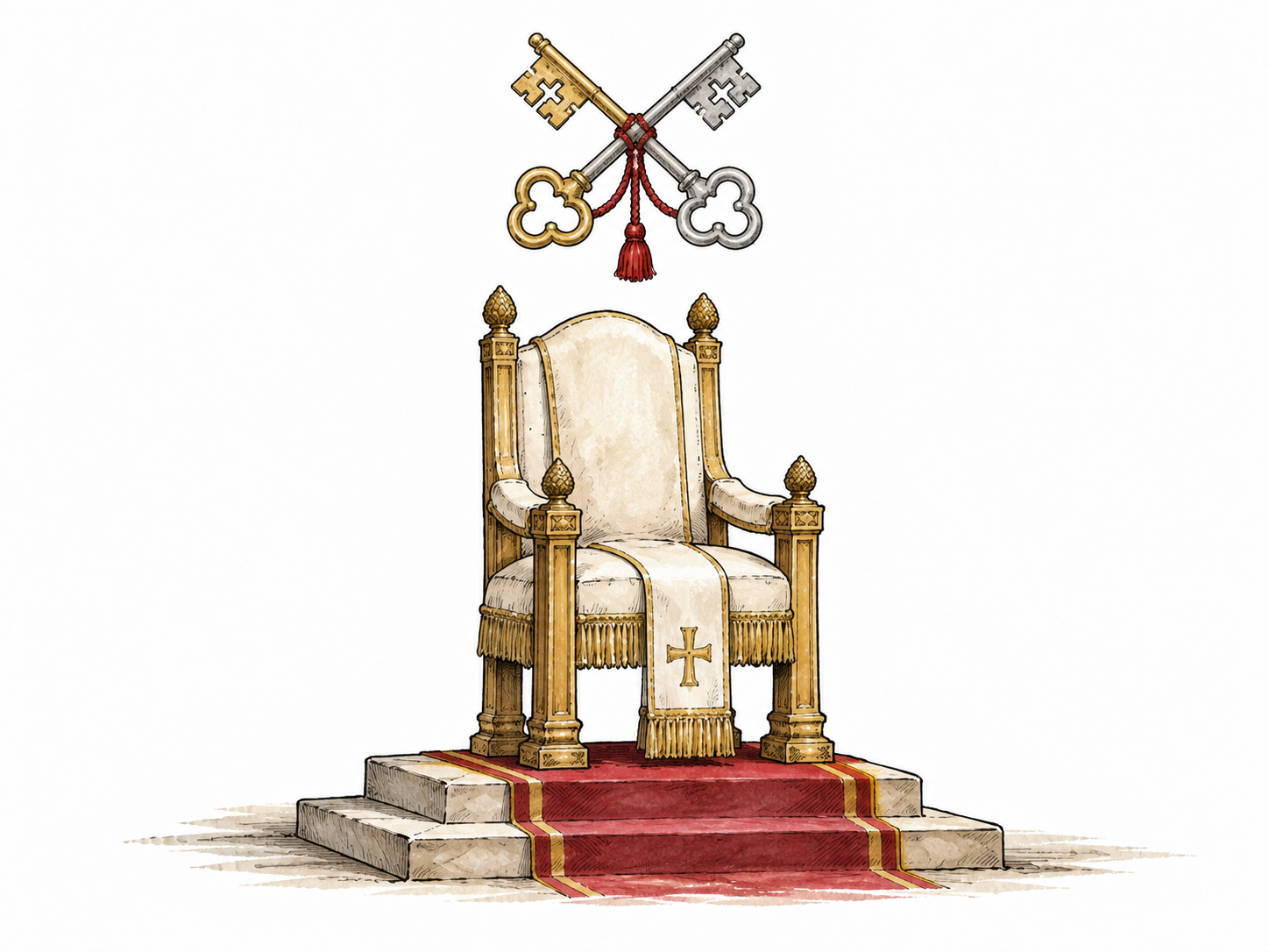 A vacant papal chair beneath a simple crossed-keys emblem, office and authority rather than a named pope.