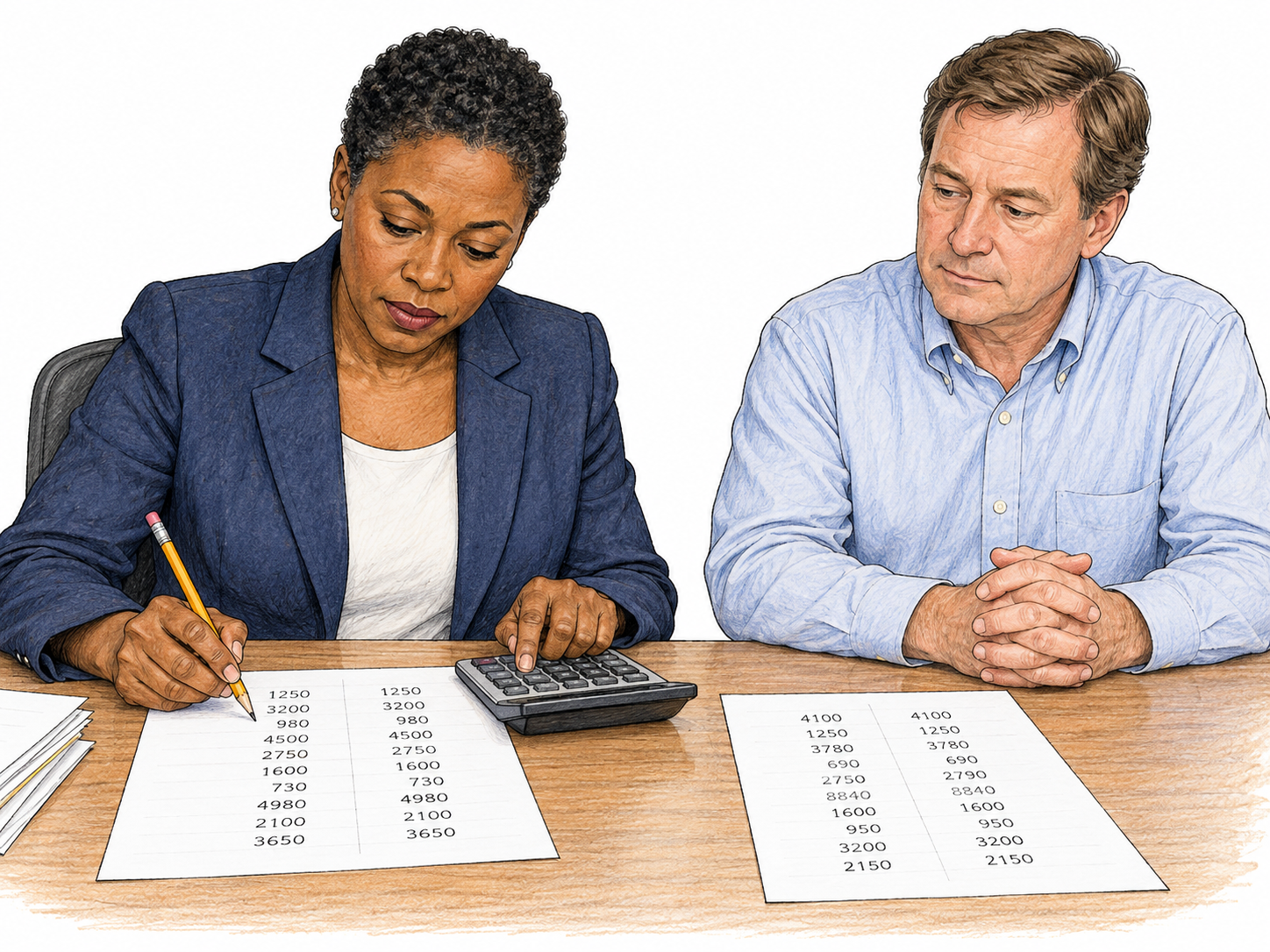 Auditor systematically compares two financial sheets of simple numeric columns using calculator, checks one entry with pencil while owner waits.