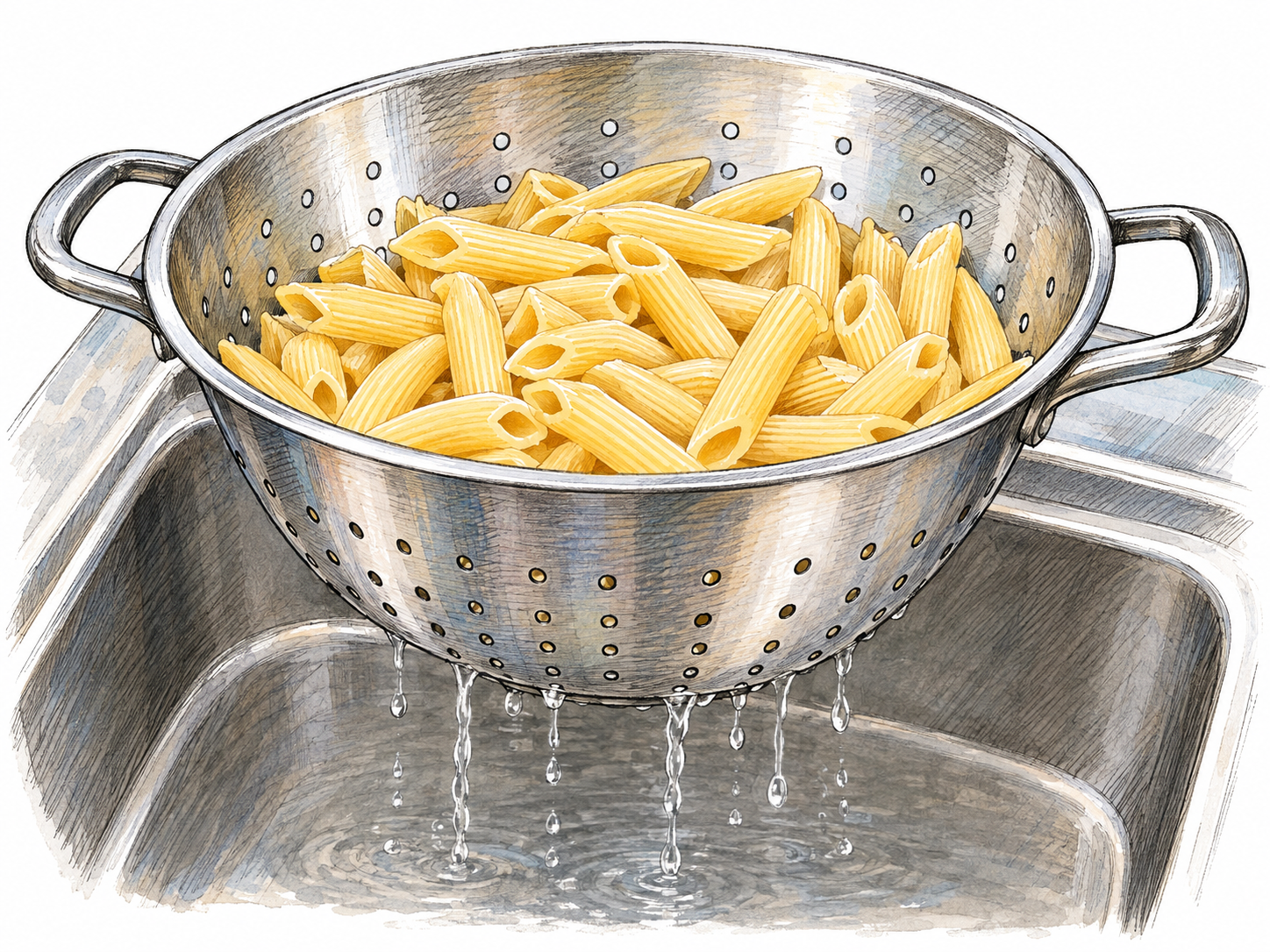 A perforated metal colander holding cooked pasta rests over a sink, with water visibly draining through its holes.
