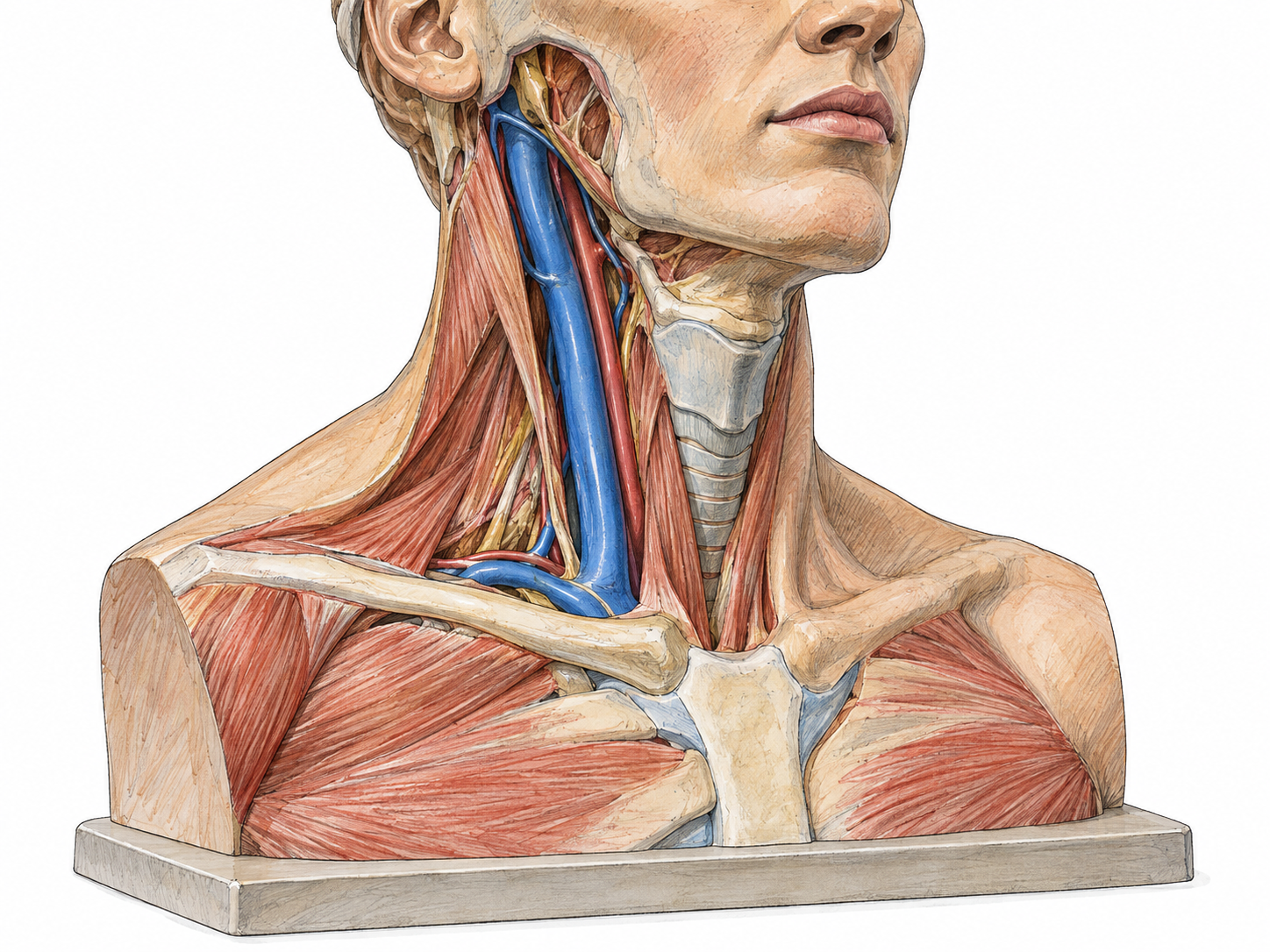 A clean anatomical cutaway model of the neck and upper chest, with the large internal jugular vein prominently visible descending to its junction with the subclavian vein.
