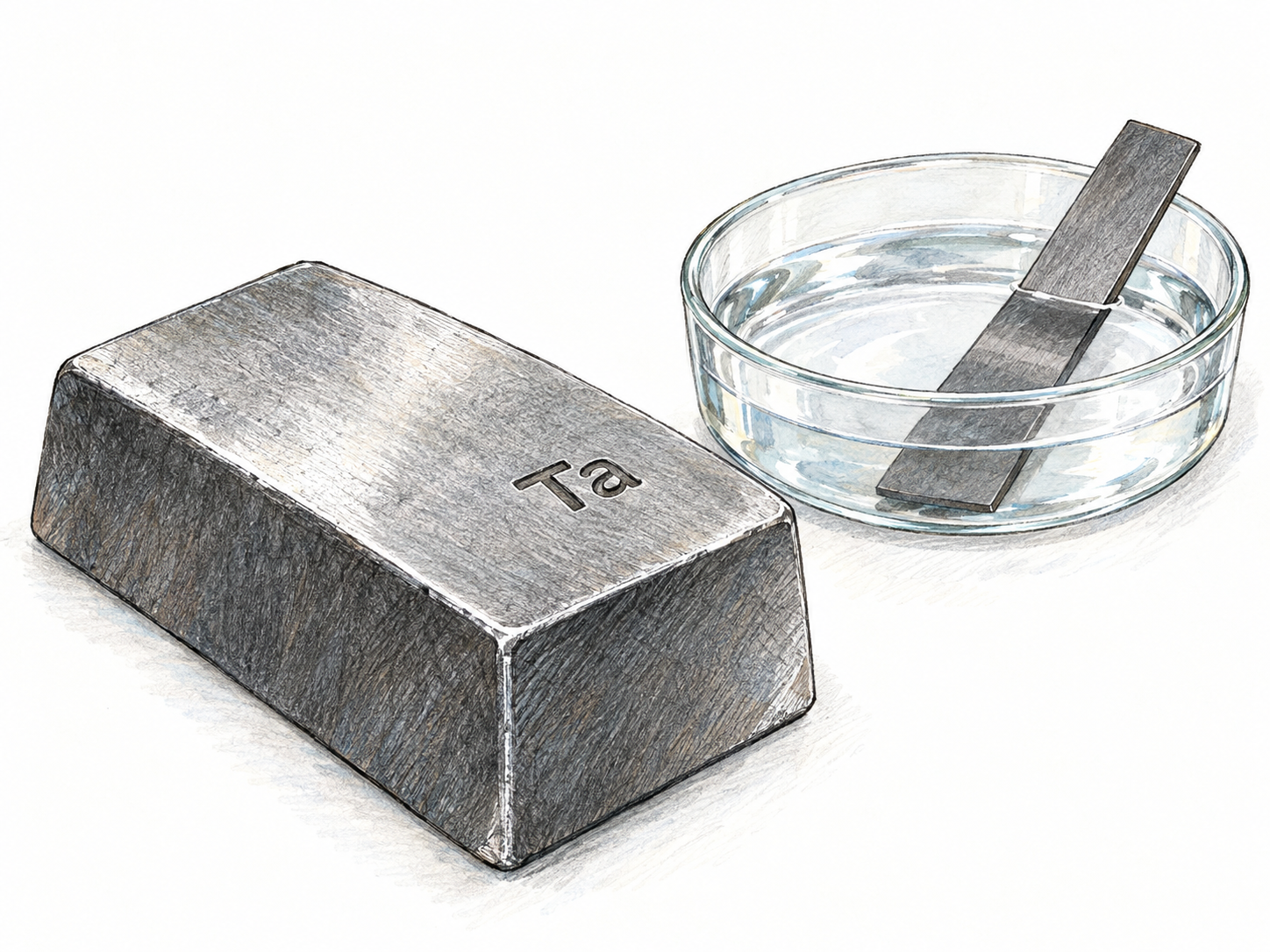 A compact gray tantalum ingot stamped with its chemical symbol, beside a small laboratory dish containing a matching smooth, uncorroded metal strip partly immersed in liquid.