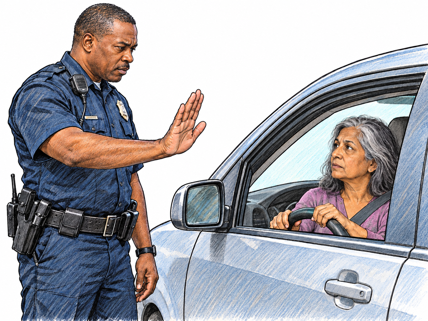 A uniformed traffic officer issues an unmistakable stop command with a firm raised palm; a driver halted beside him responds attentively through her open window.