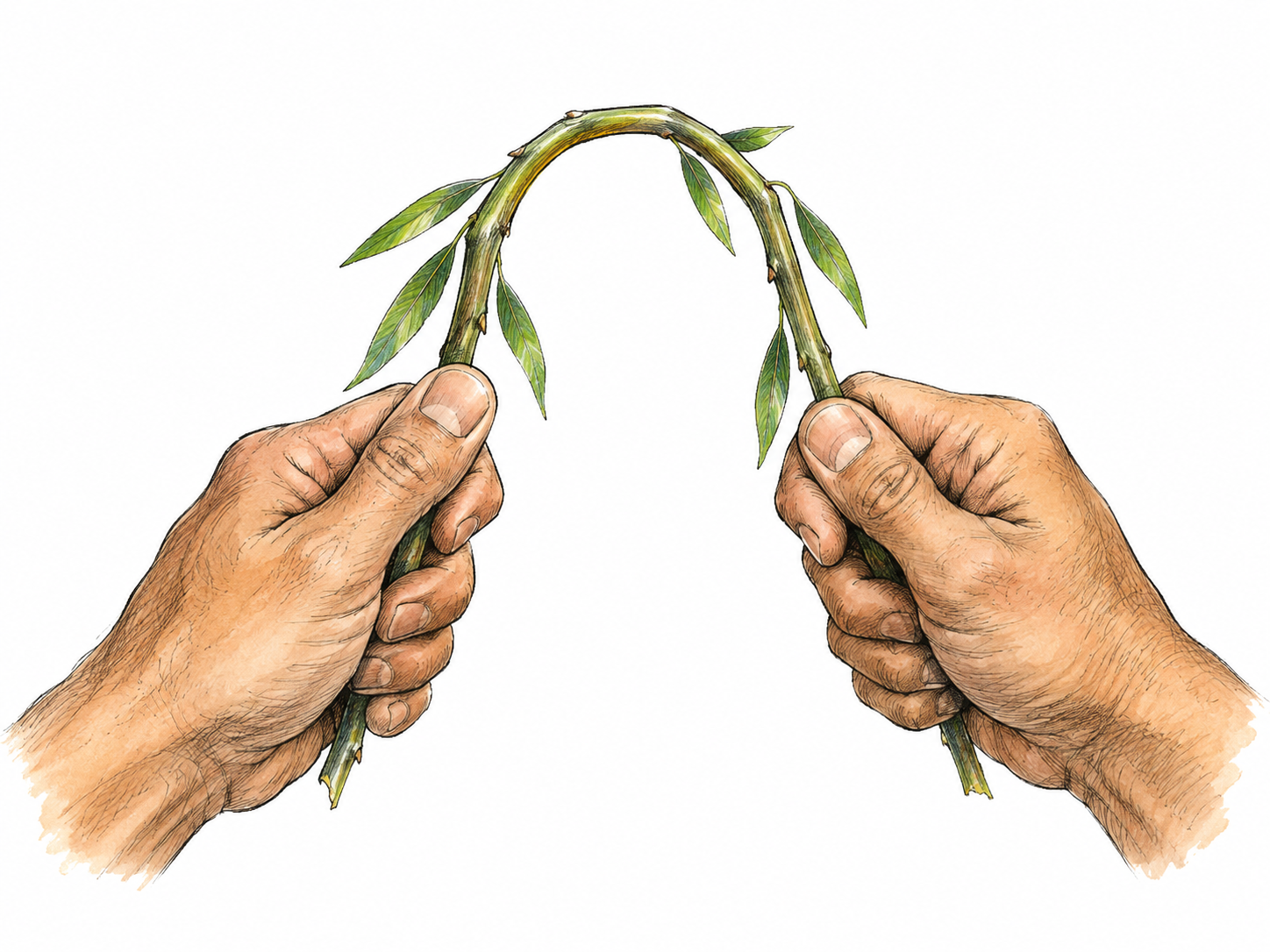 Two hands bend a thin green willow twig into a deep unbroken U, its supple fibers intact.