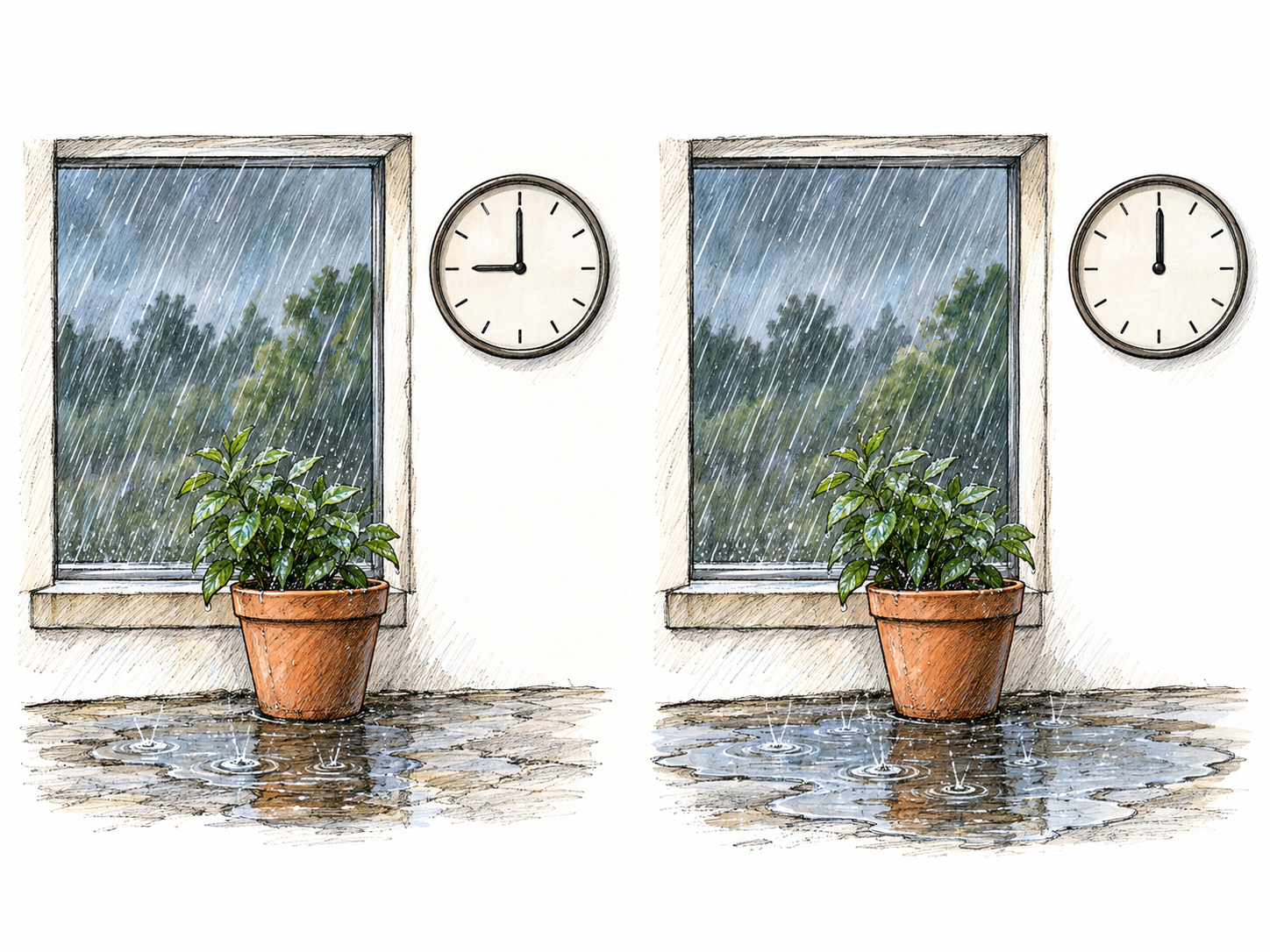 A two-panel temporal comparison shows rain continuing outside the same window: at nine o’clock and again at noon.