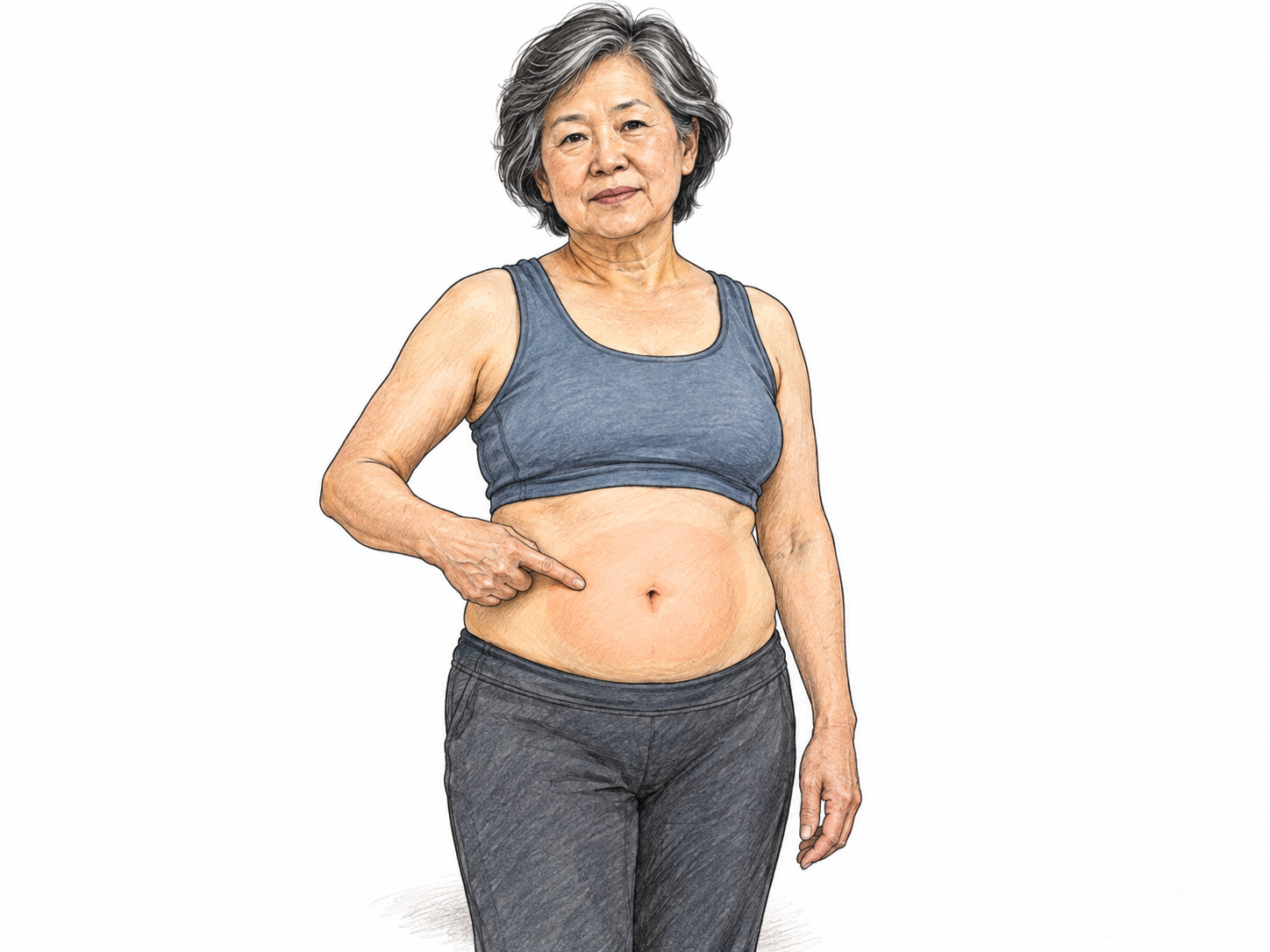 A relaxed older woman points to the center of her exposed belly, with a subtle translucent wash delineating the abdominal region between the lower ribs and pelvis.