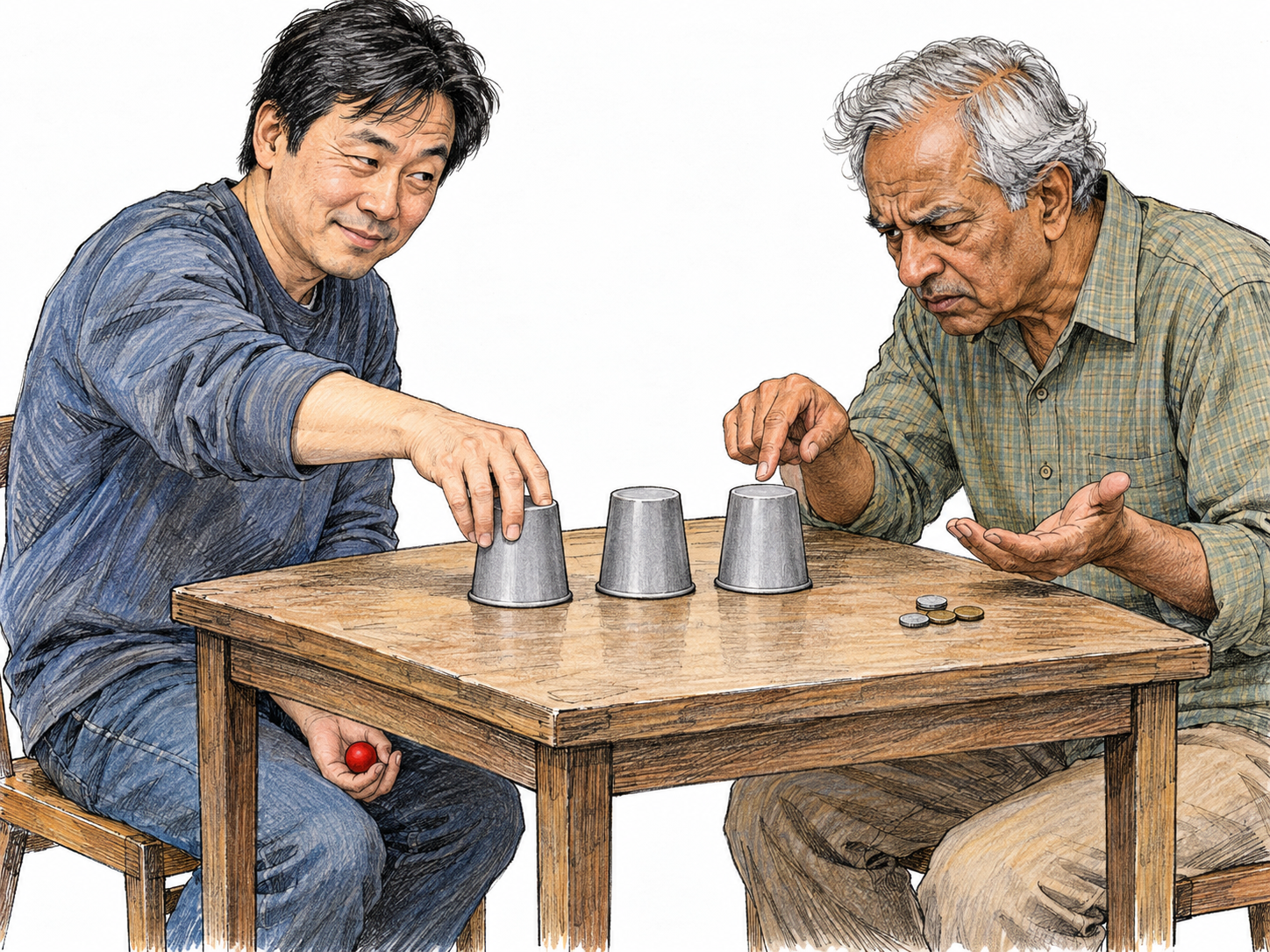 A shell-game cheat confuses a player with three cups while secretly palming the ball.