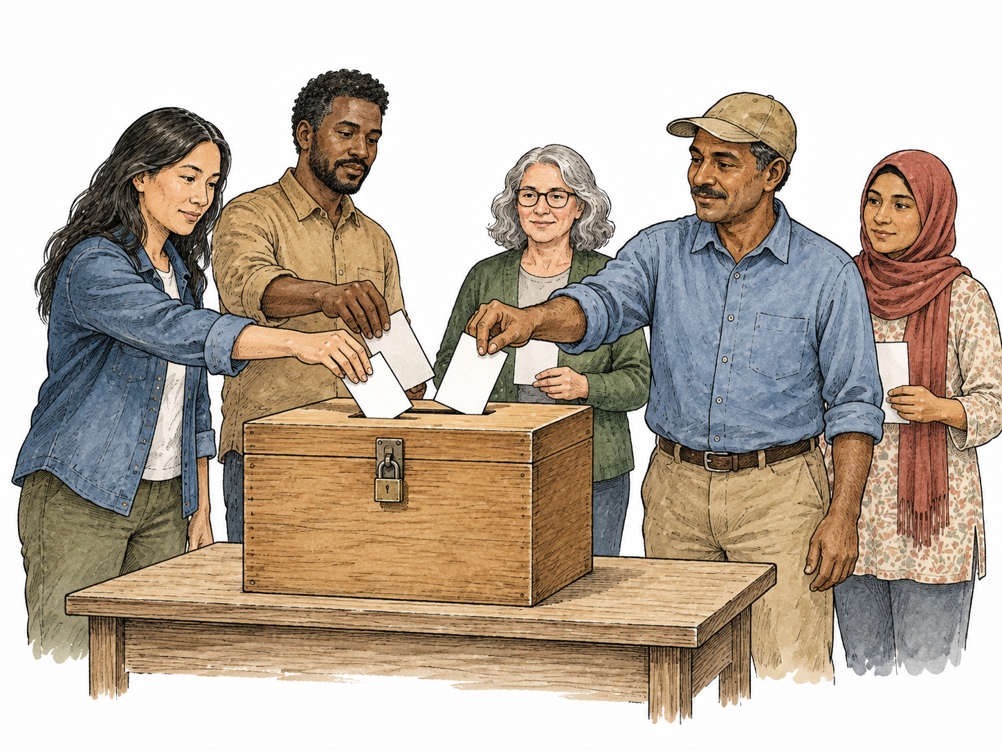 A diverse group of adults places unmarked ballots into a sealed box.