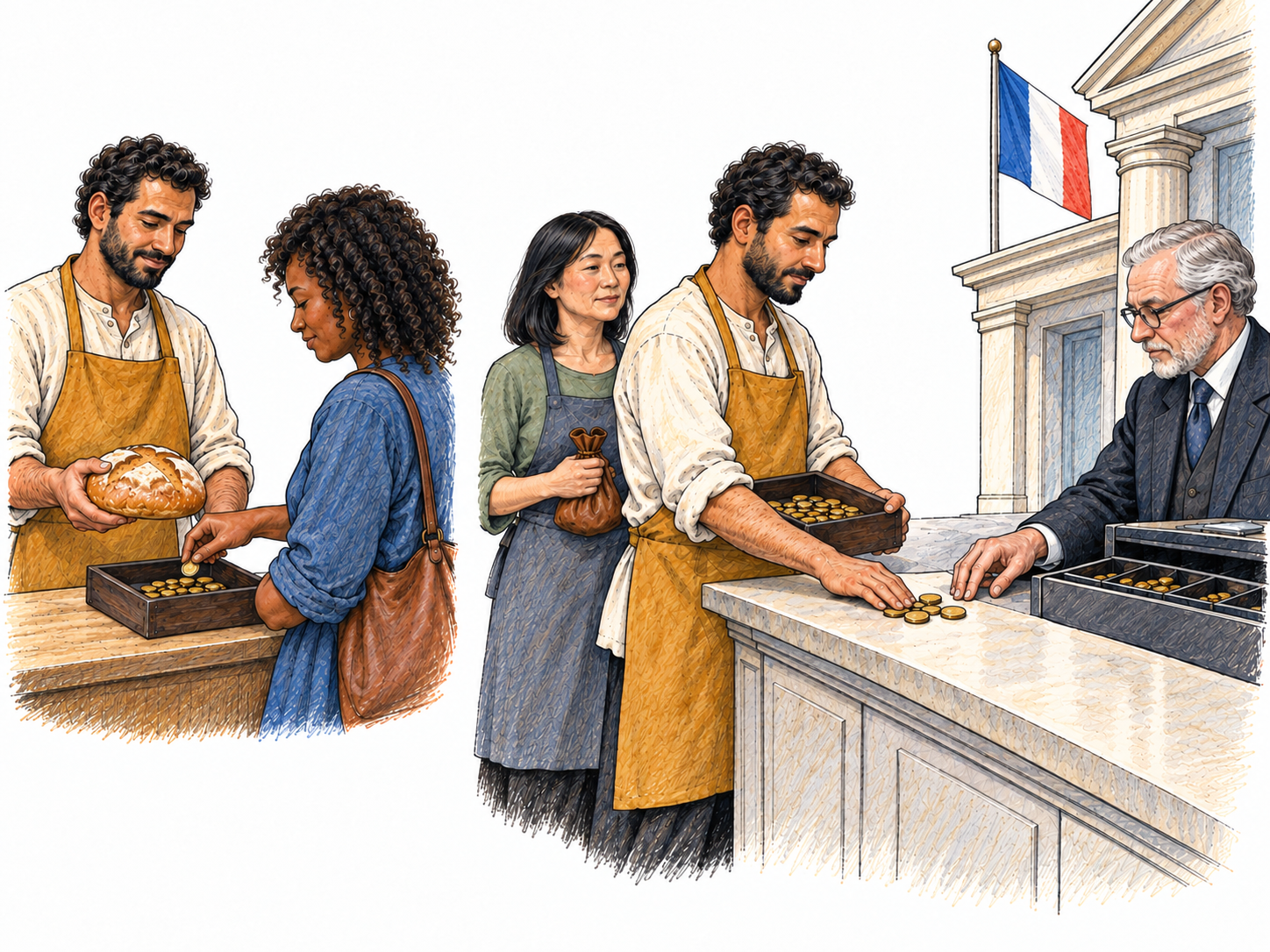 Tax as a portion of business earnings paid into government funds: a compact two-scene sequence follows a baker from receiving sales income to surrendering part of that money at a civic treasury counter.