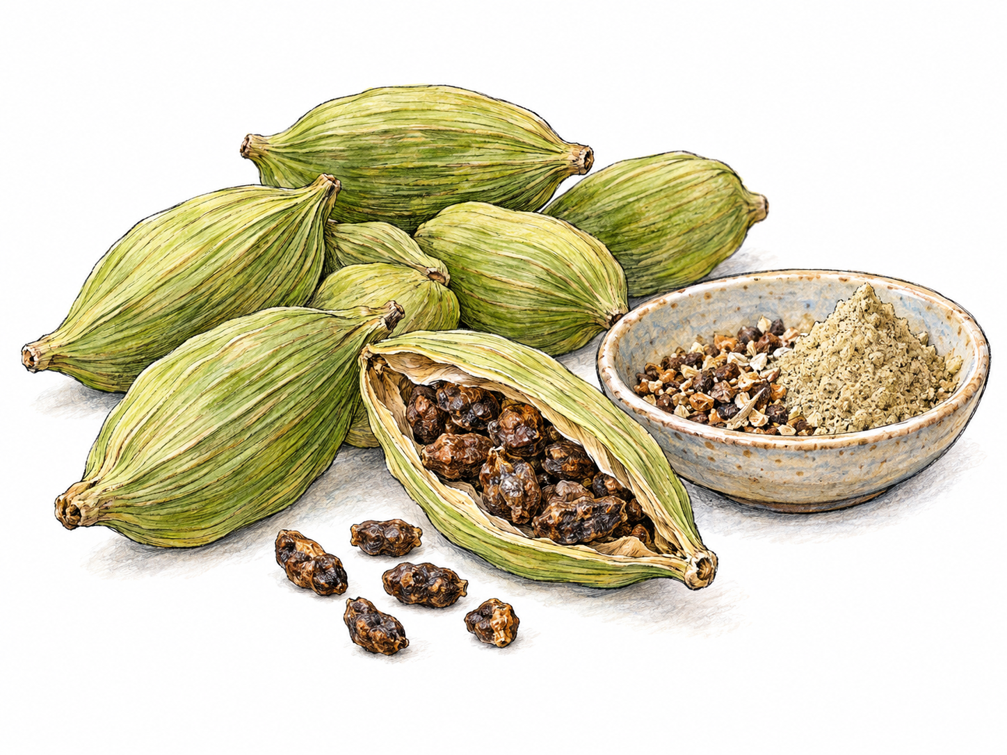 A close-up spice still life of recognizable green cardamom pods, including a split pod exposing its dark seeds, beside a small dish of loose seeds and ground spice.