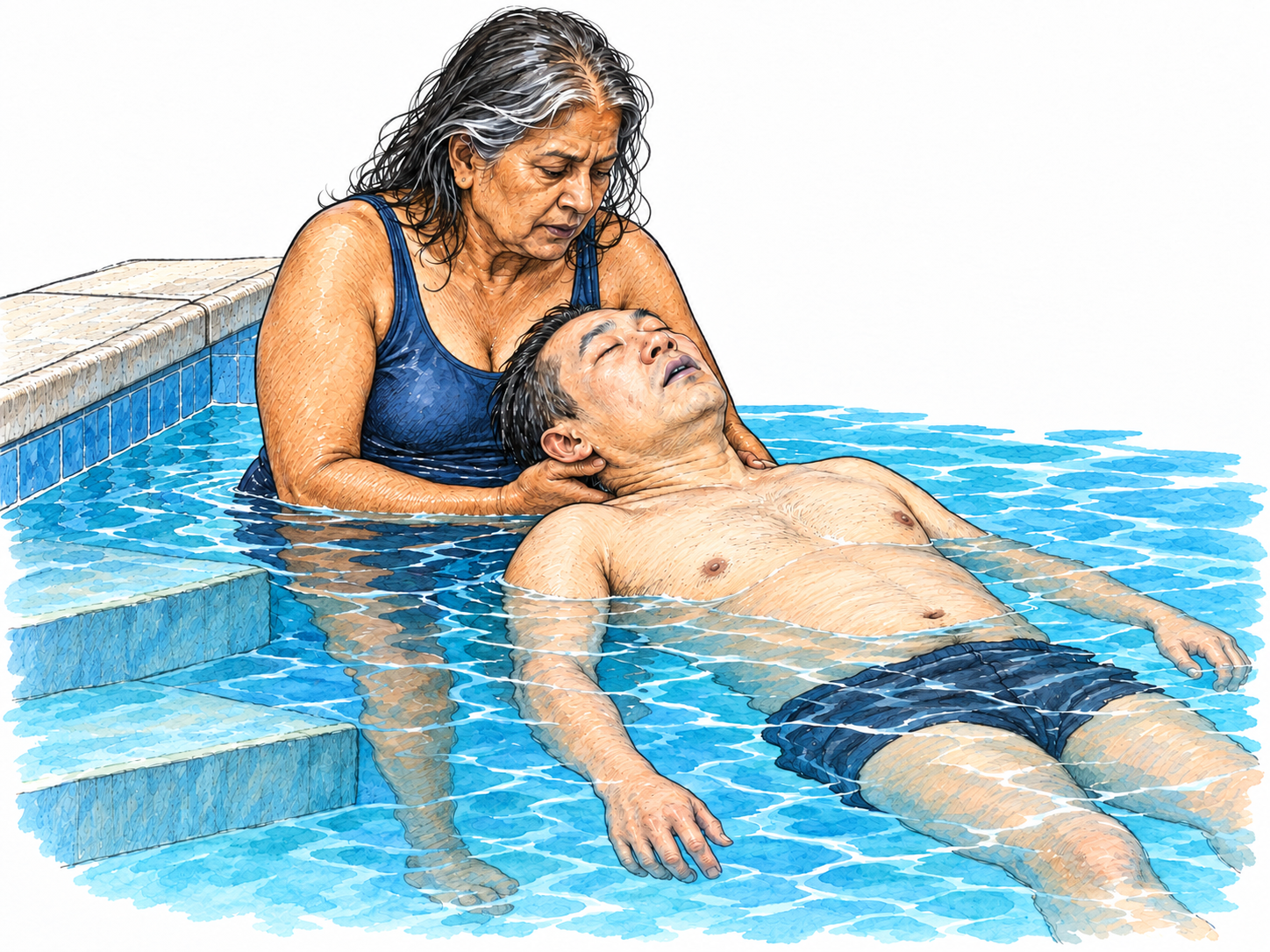 A limp, unconscious drowning victim is being lifted face-up from a swimming pool, making oxygen deprivation rather than ordinary fainting the visible cause of collapse.