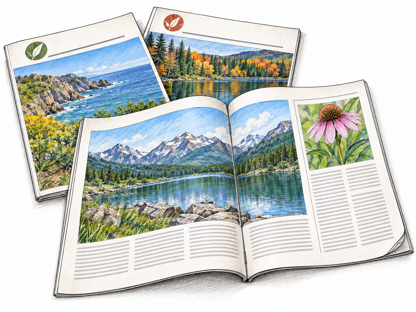 An open, thin magazine with picture-led article layouts rests over two matching issues, making the periodical format recognizable without readable text.