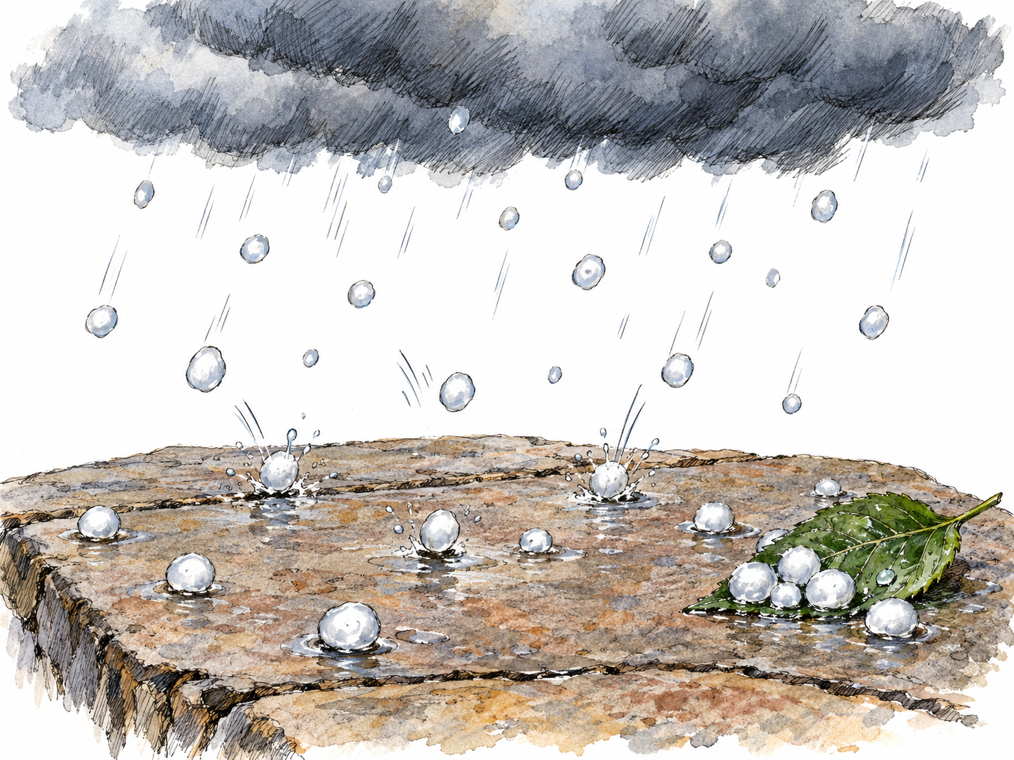A localized hail shower: small rounded ice pellets fall beneath a gray cloud, bounce on a garden paving stone, and collect beside a leaf.
