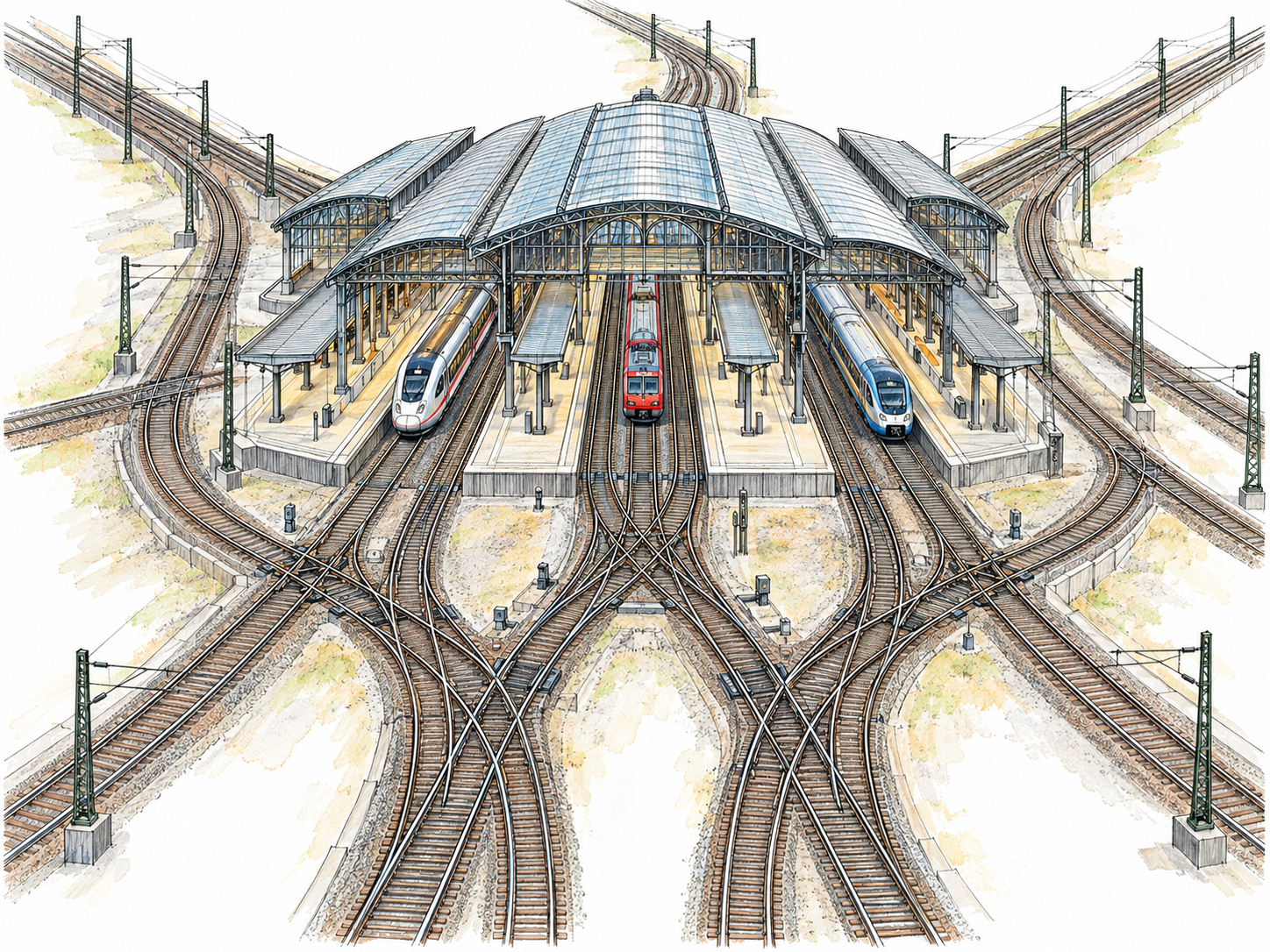An elevated view of a central railway interchange where several separate rail routes converge into one busy station and branch outward again, visibly concentrating connections in a single place.