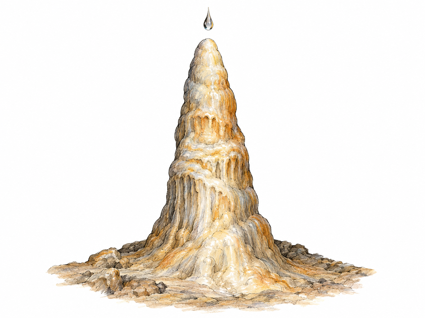 A single prominent mineral stalagmite rises from a small patch of cave floor, with a water droplet falling toward its rounded tip.