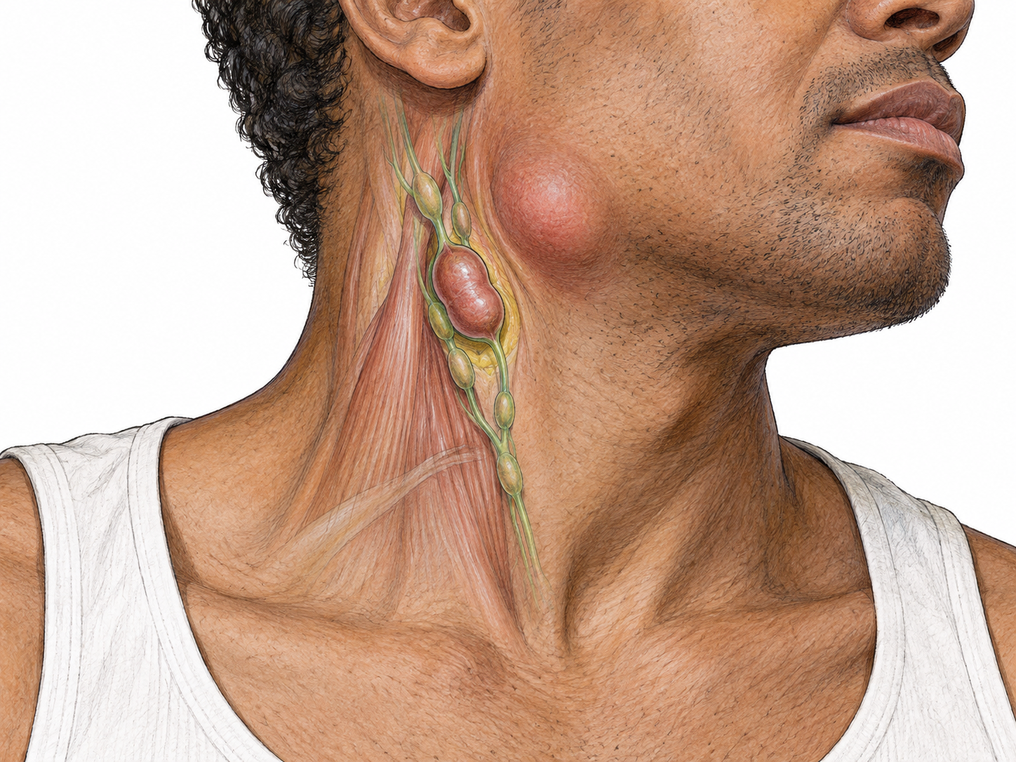 An inflamed enlarged cervical lymph node appears beneath swollen skin at the neck.